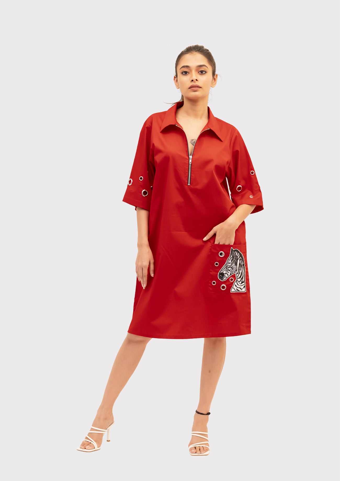 Red Cotton Dress with Embroidery