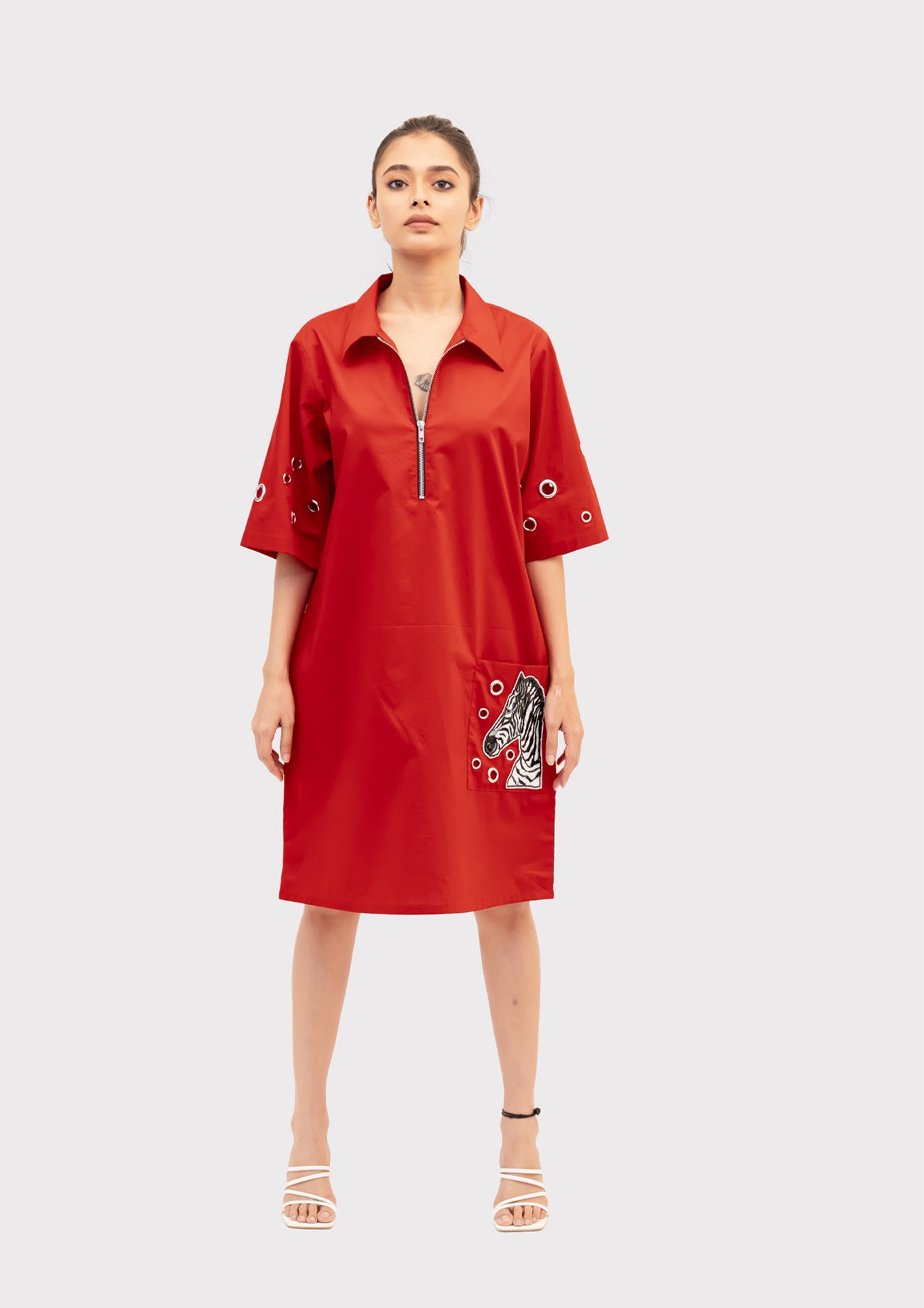 Red Cotton Dress with Embroidery