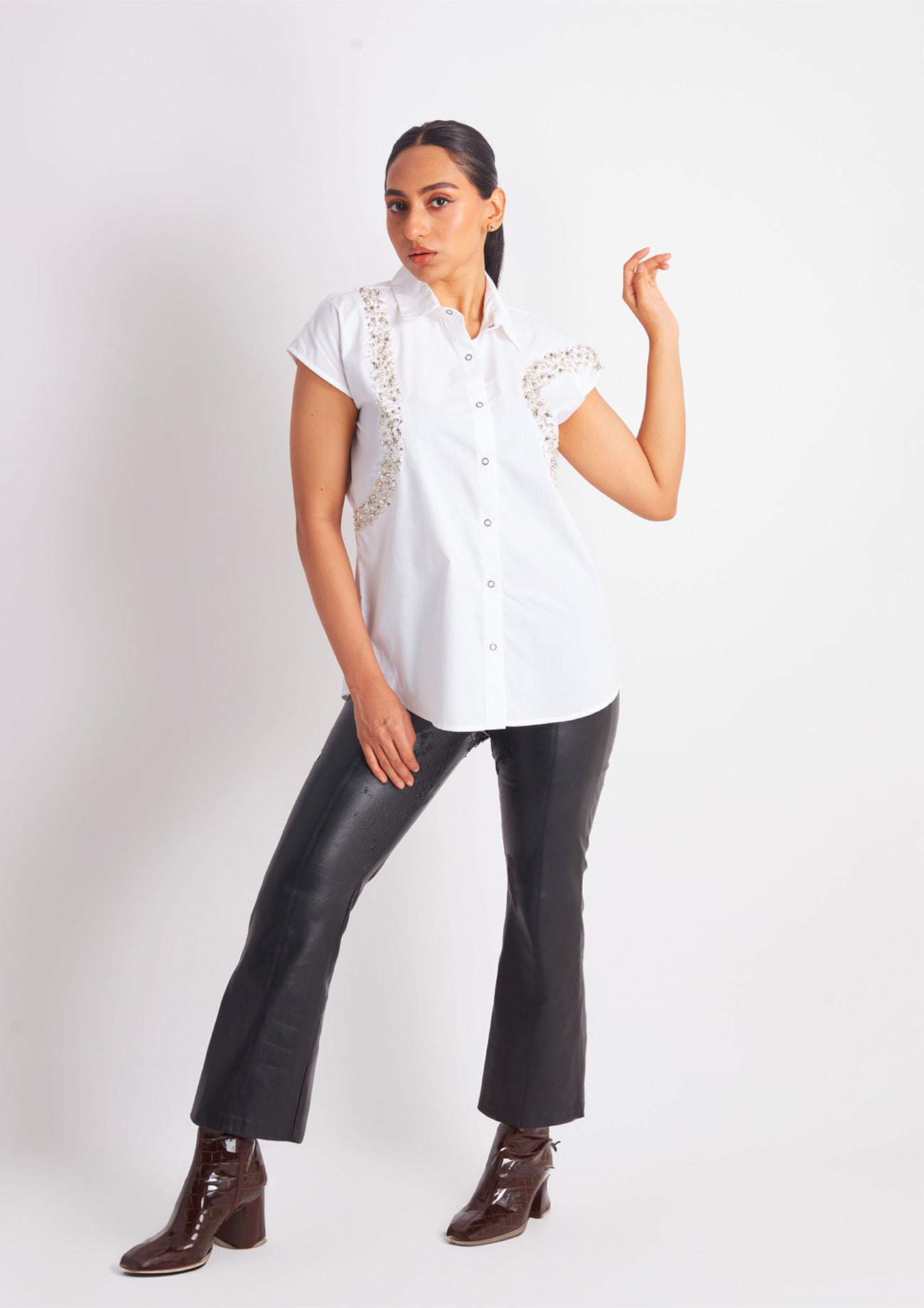 White Comfort Fit Cotton Shirt with Embroidery