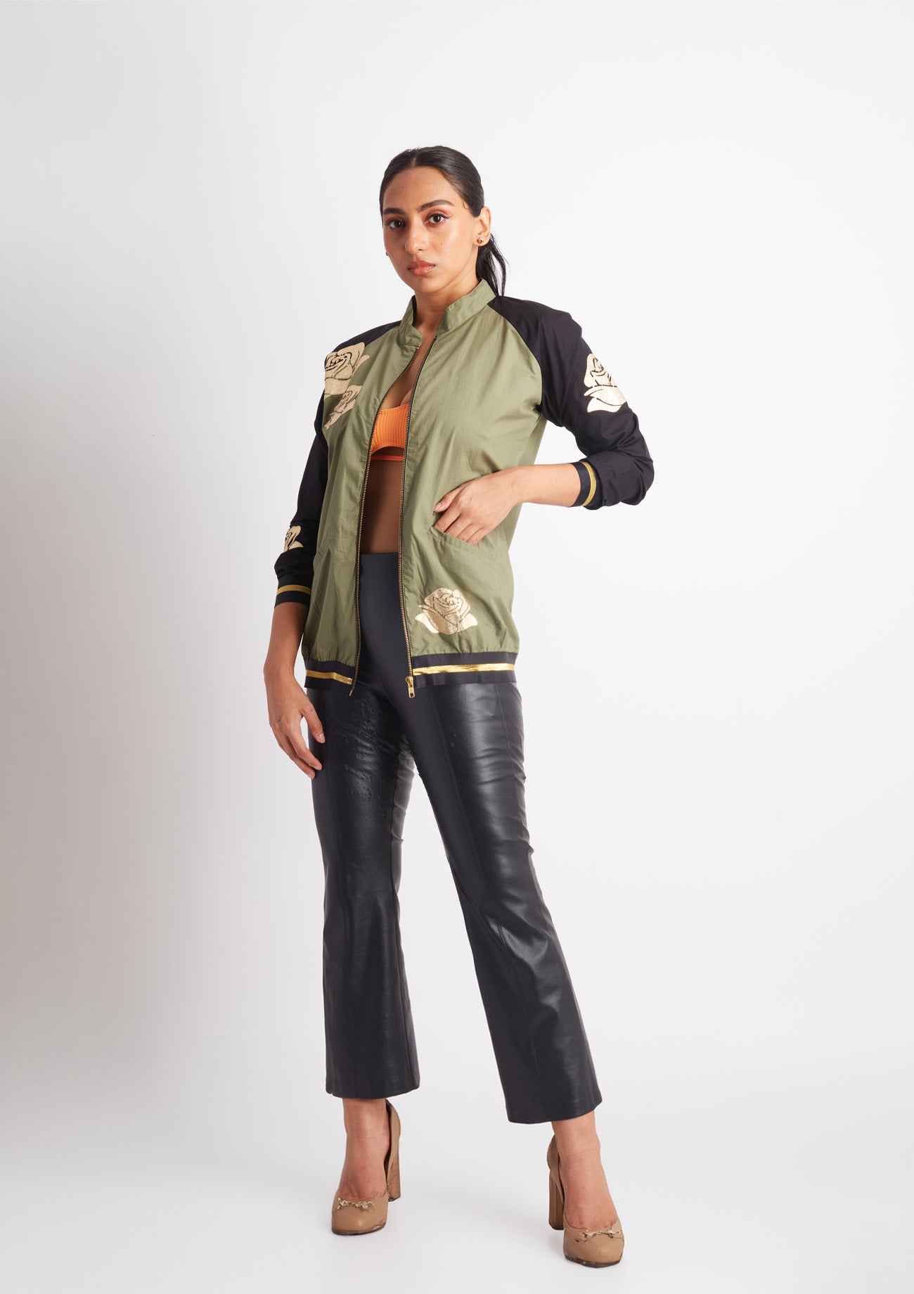 Olive Bomber with Contrast sleeves