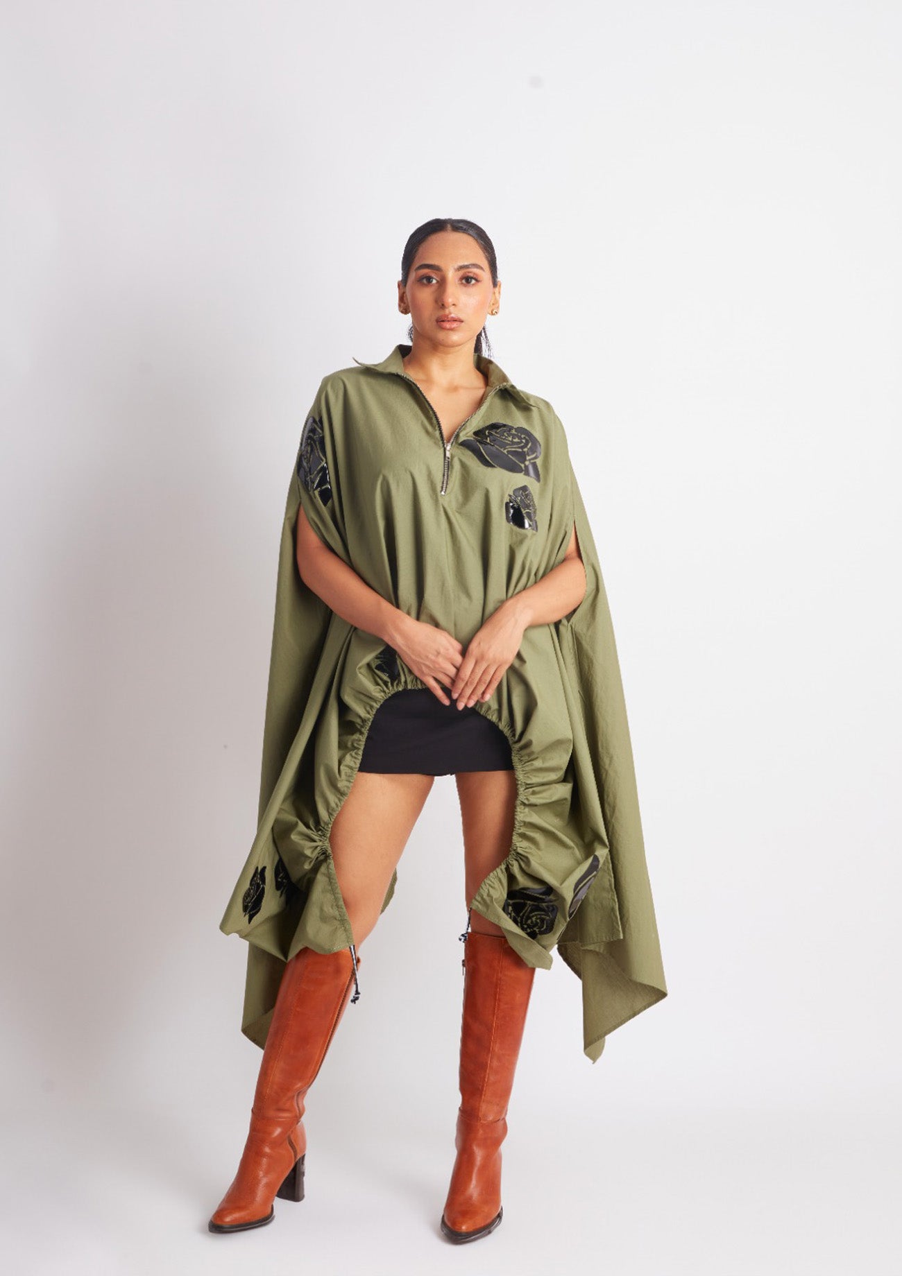 Olive Drawstring Cape with Applique Motifs