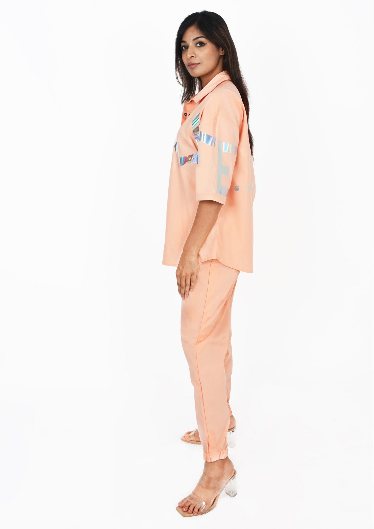 Oversize Peach Shirt and Joggers Pants with Holographic Print