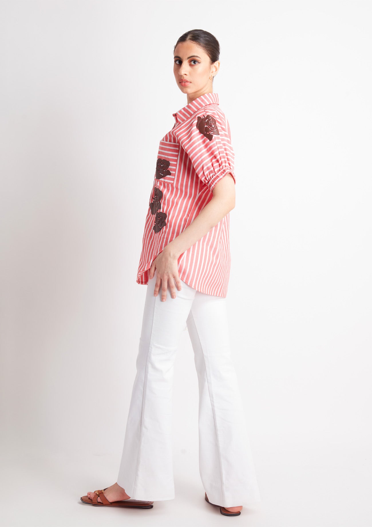 Orange and White Stripes Cotton Shirt with Brown Applique Motifs