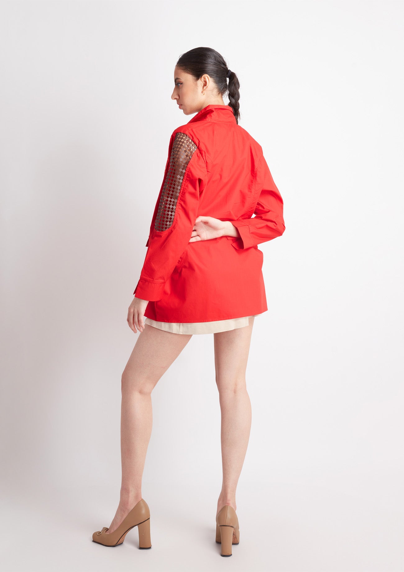 Red Comfort Fit Cotton Shirt with Leather Cutout