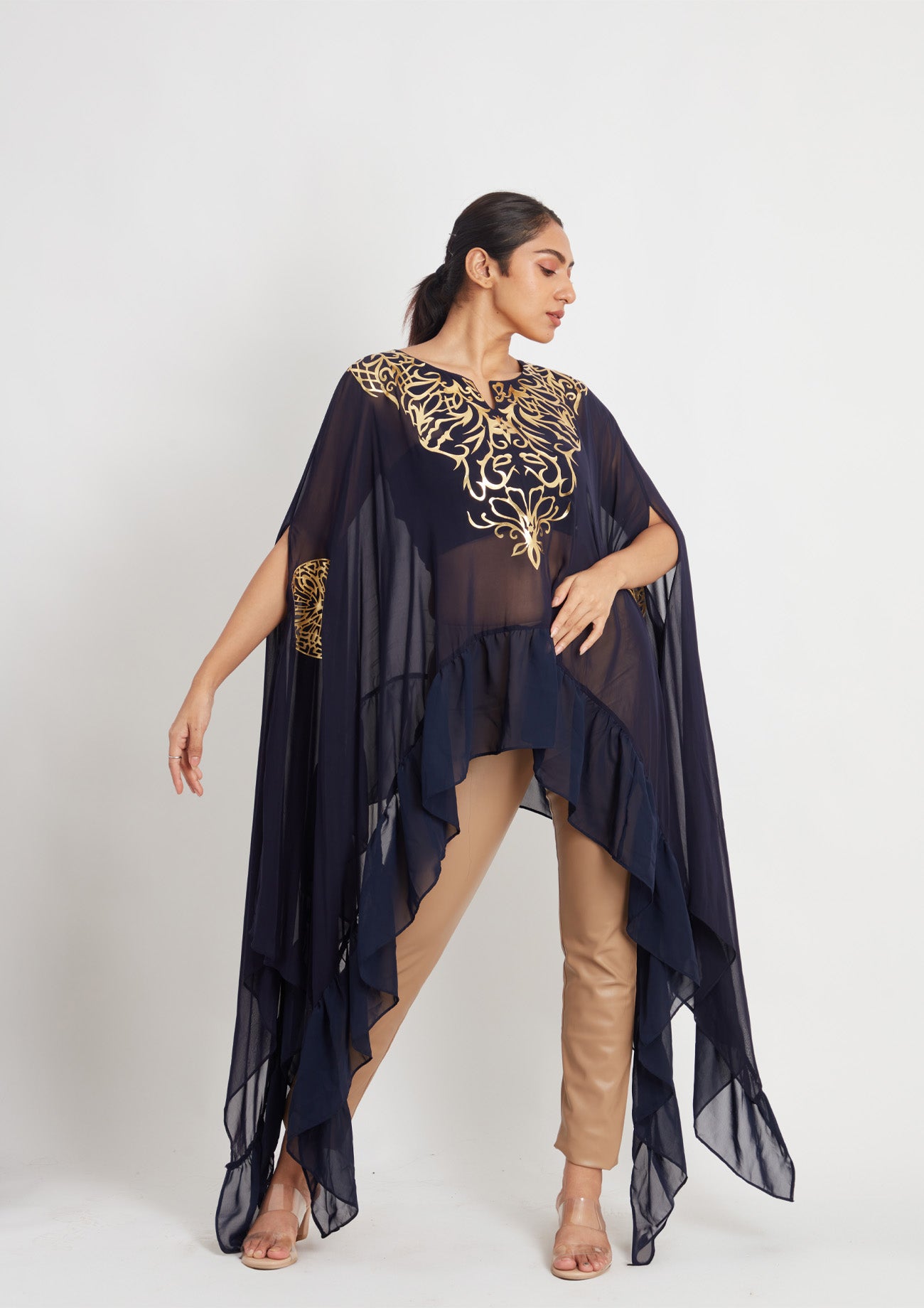 Navy Georgette Frill Cape with Golden Applique