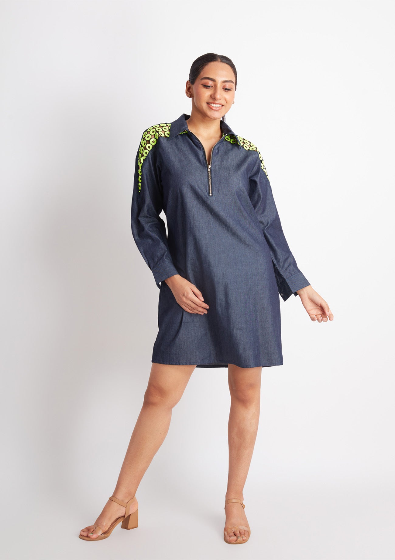 Denim One Piece Dress with Cutwork Embroidery