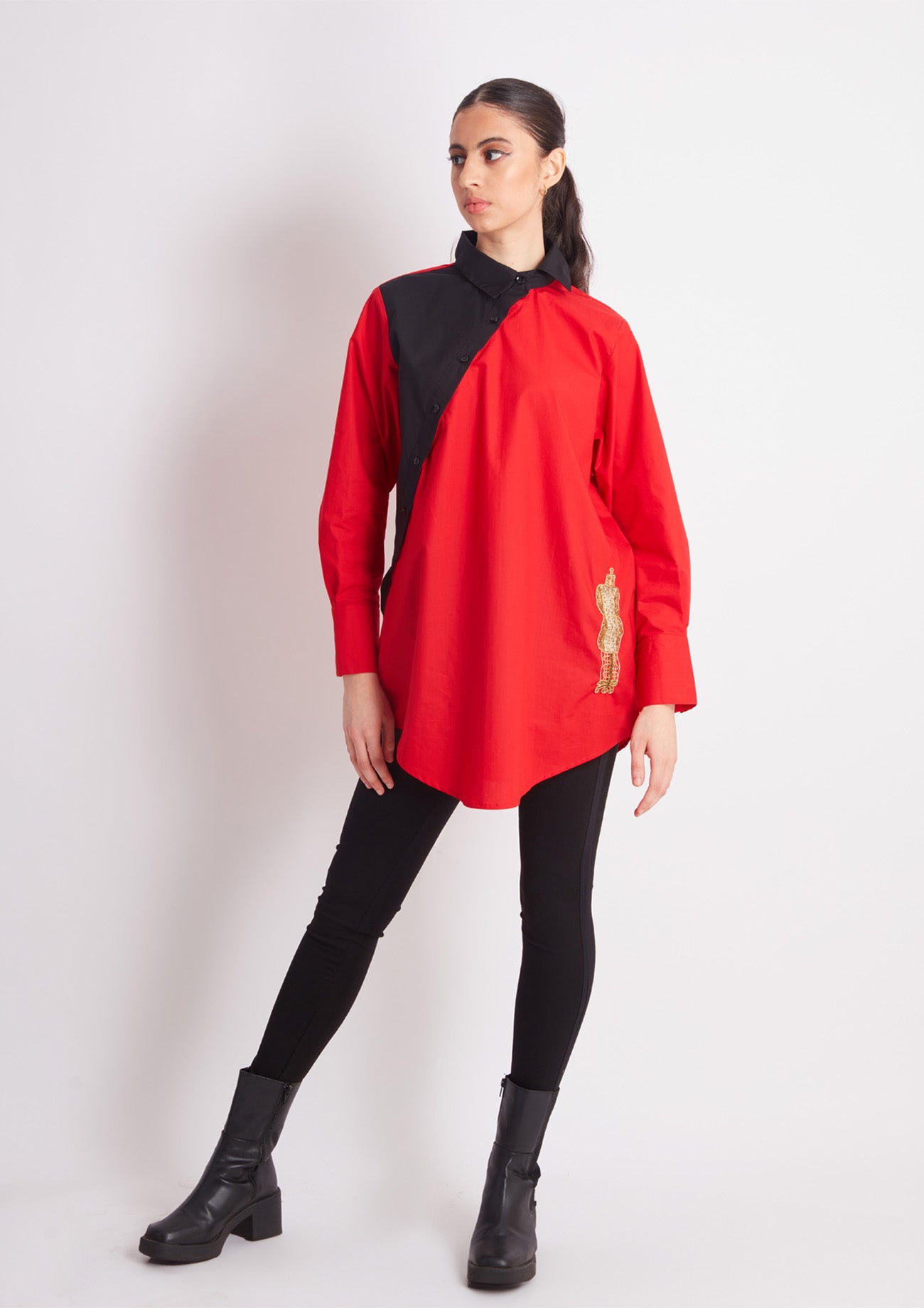 Half Black Half Red Comfort Fit Cotton Shirt with Embroidery