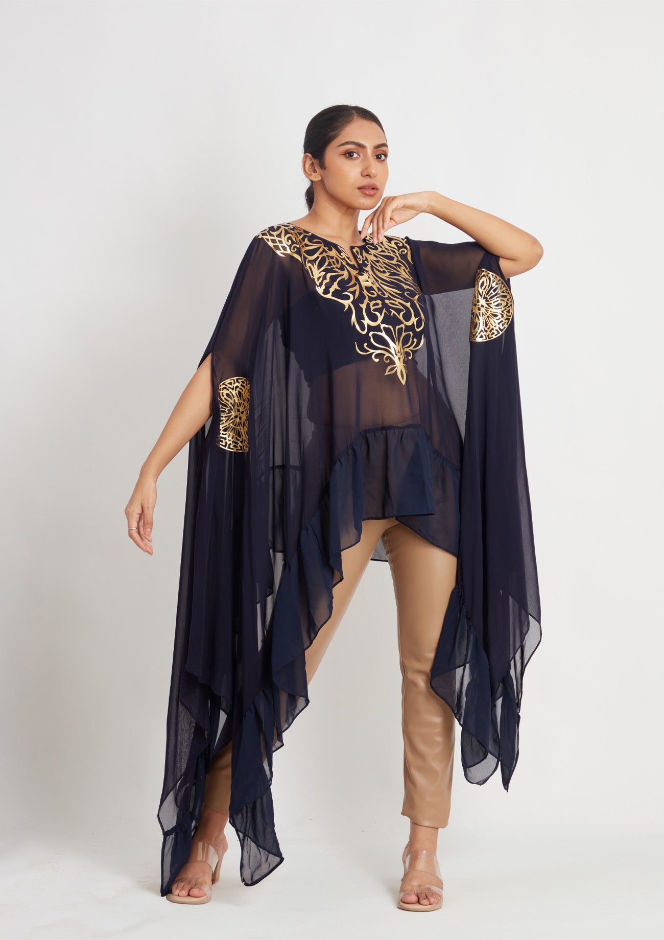 Navy Georgette Frill Cape with Golden Applique