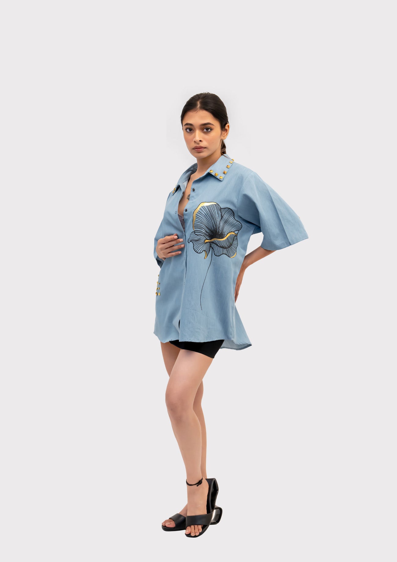 Blue Cotton Denim Shirt with Foil Print and Studs