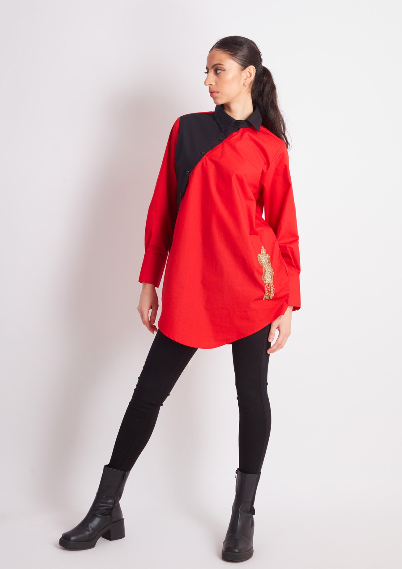 Half Black Half Red Comfort Fit Cotton Shirt with Embroidery