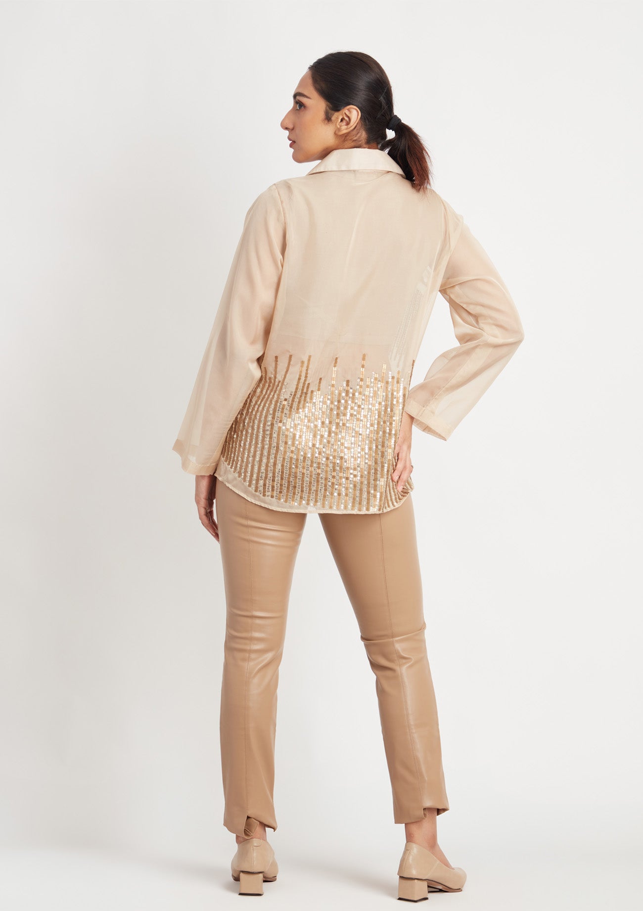 Beige Organza Shirt with Sequin Stripes