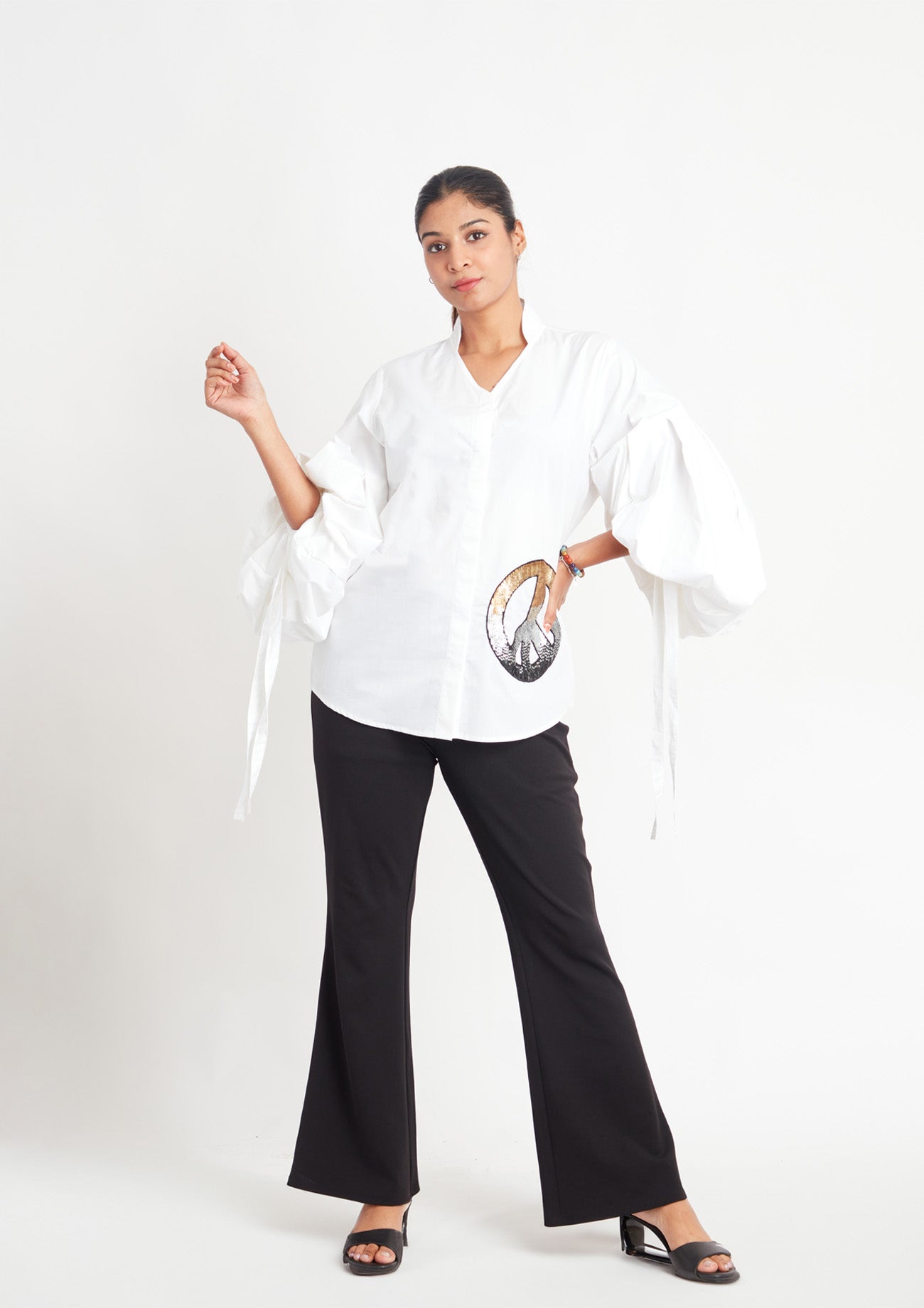 White Comfort Fit Cotton Shirt with Balloon Sleeves