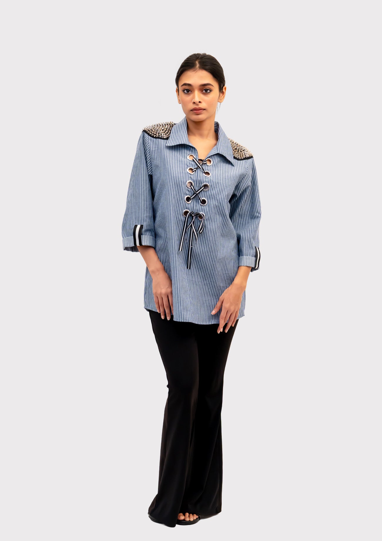 Blue and White Stripe Cotton Shirt with Embroidery