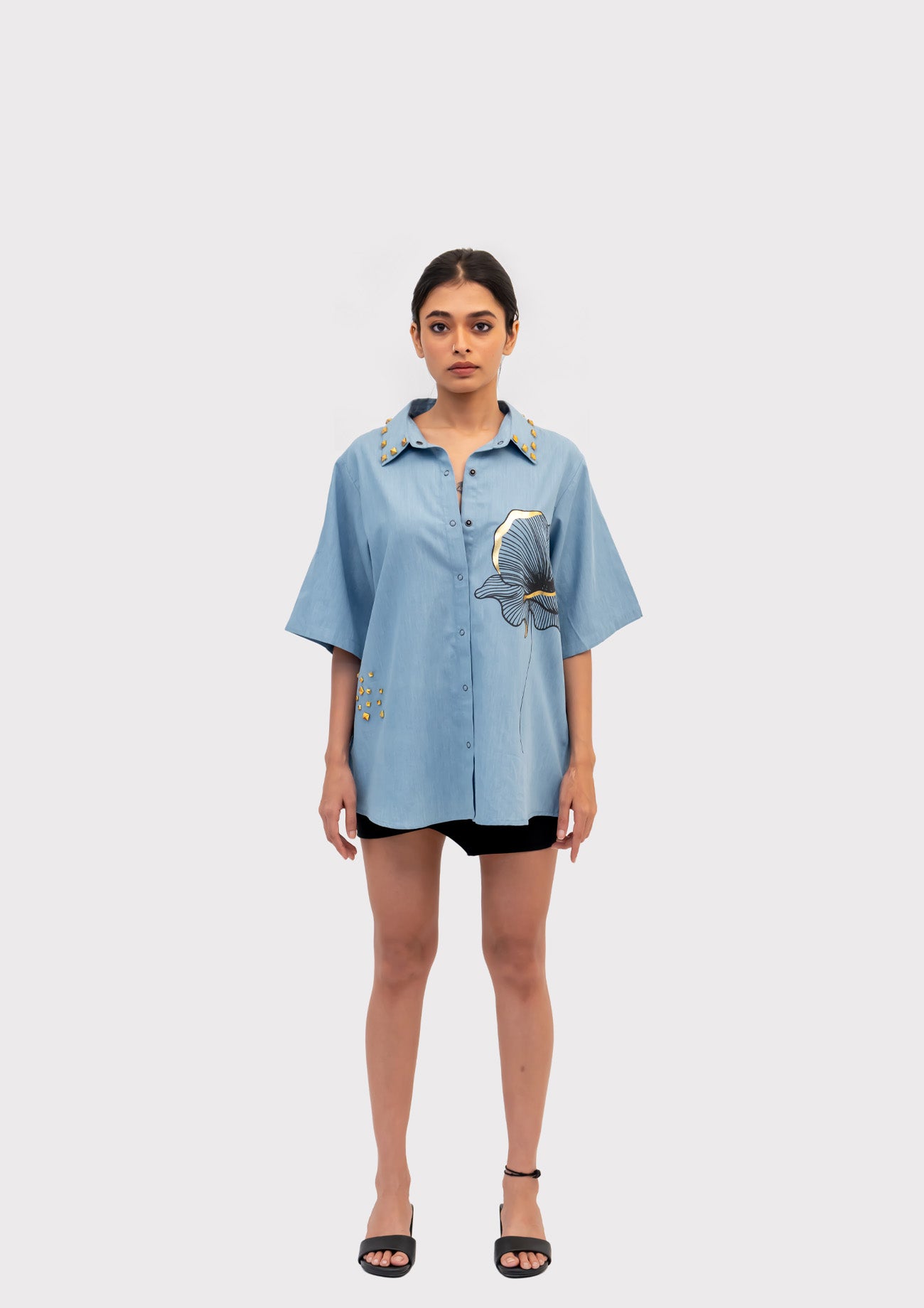 Blue Cotton Denim Shirt with Foil Print and Studs