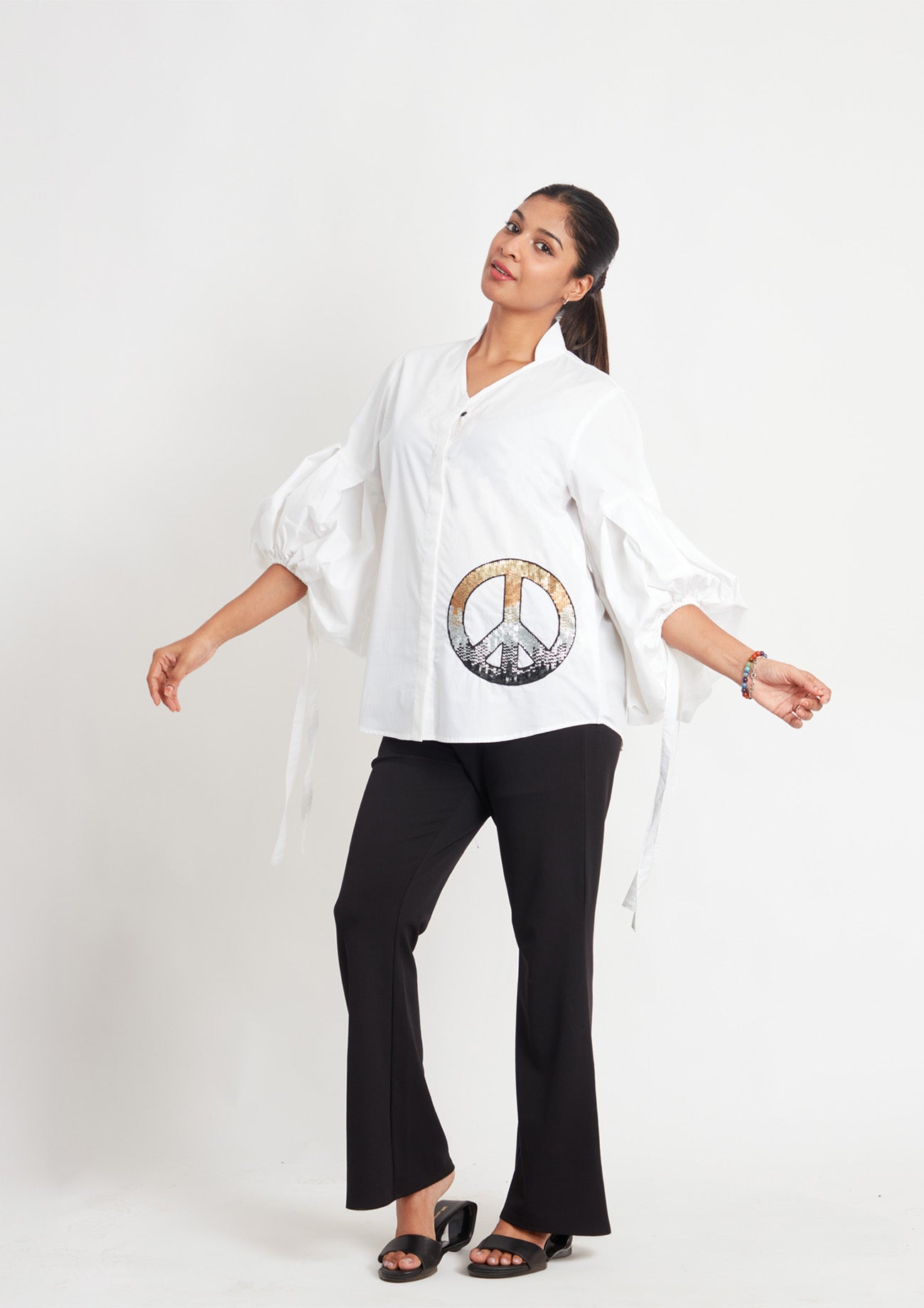 White Comfort Fit Cotton Shirt with Balloon Sleeves