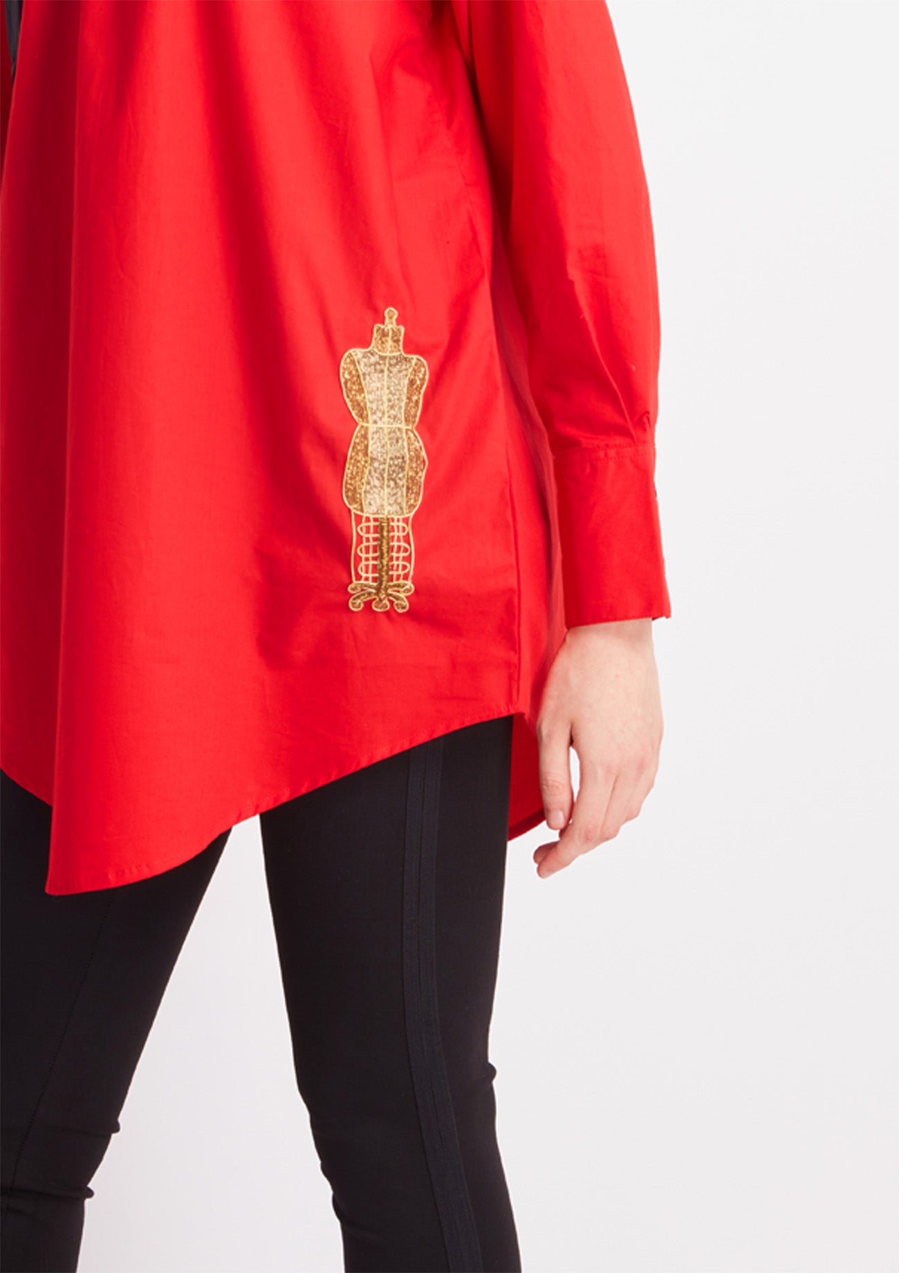 Half Black Half Red Comfort Fit Cotton Shirt with Embroidery