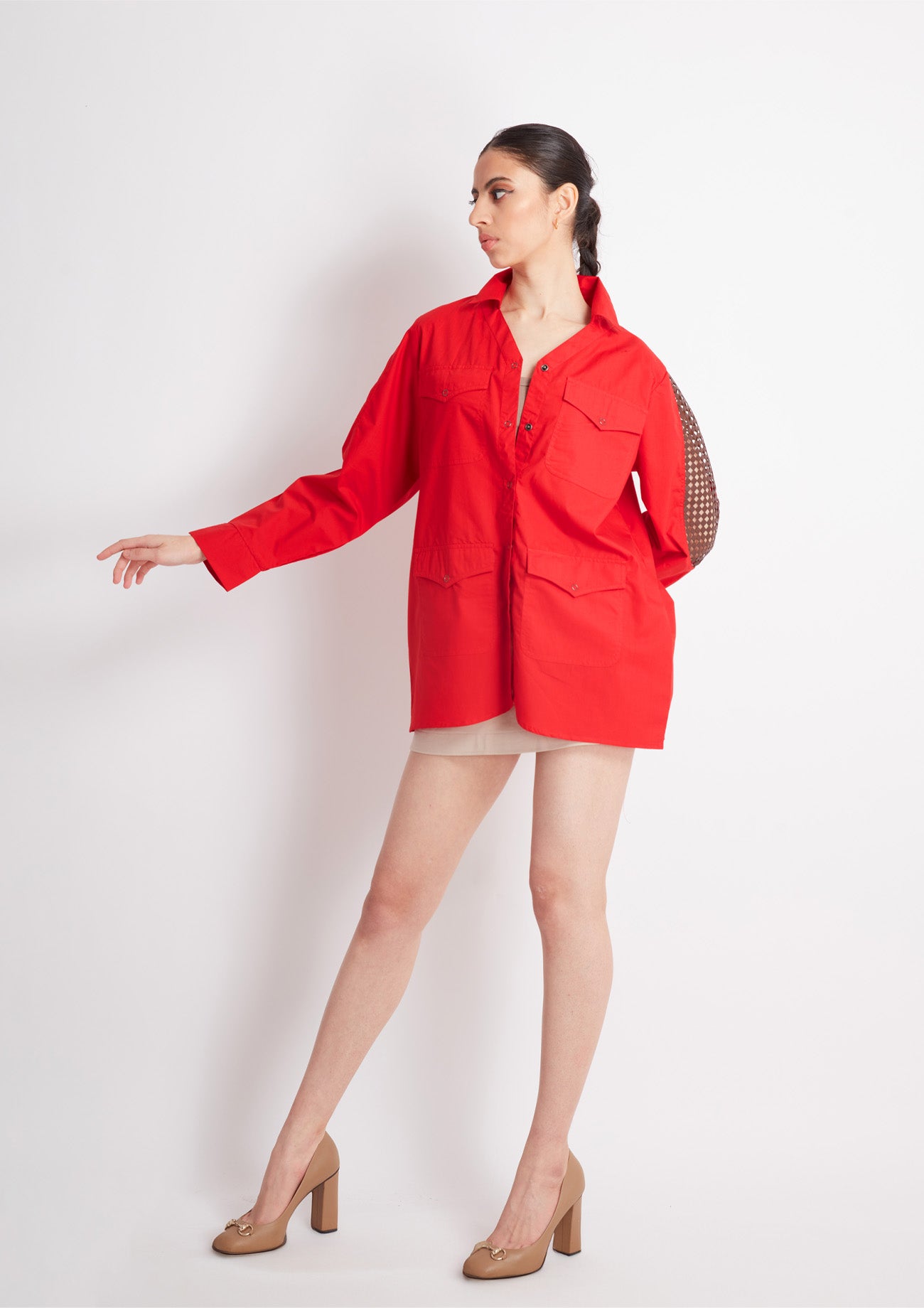 Red Comfort Fit Cotton Shirt with Leather Cutout