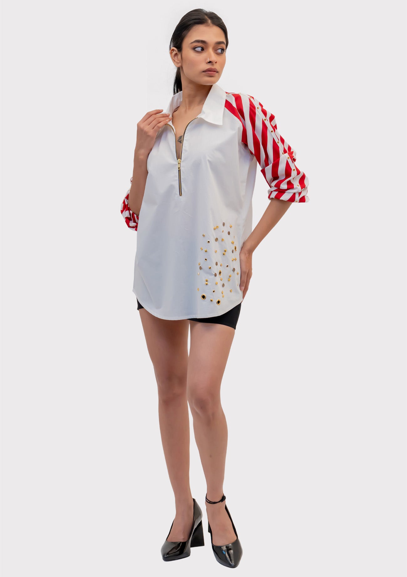 White Cotton Shirt with Contrast Sleeves and Embroidery
