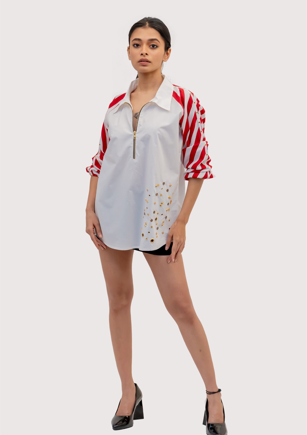 White Cotton Shirt with Contrast Sleeves and Embroidery