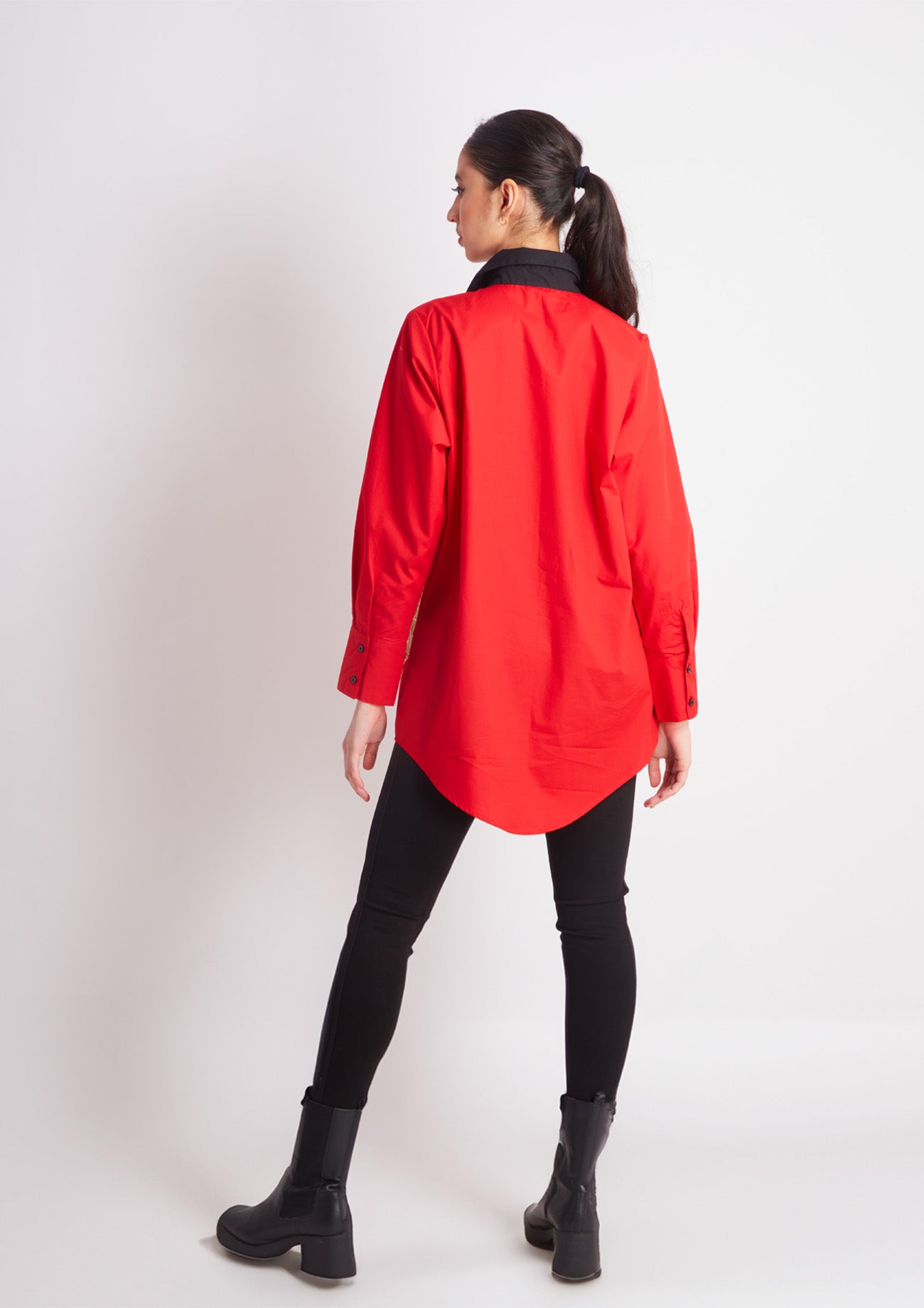 Half Black Half Red Comfort Fit Cotton Shirt with Embroidery