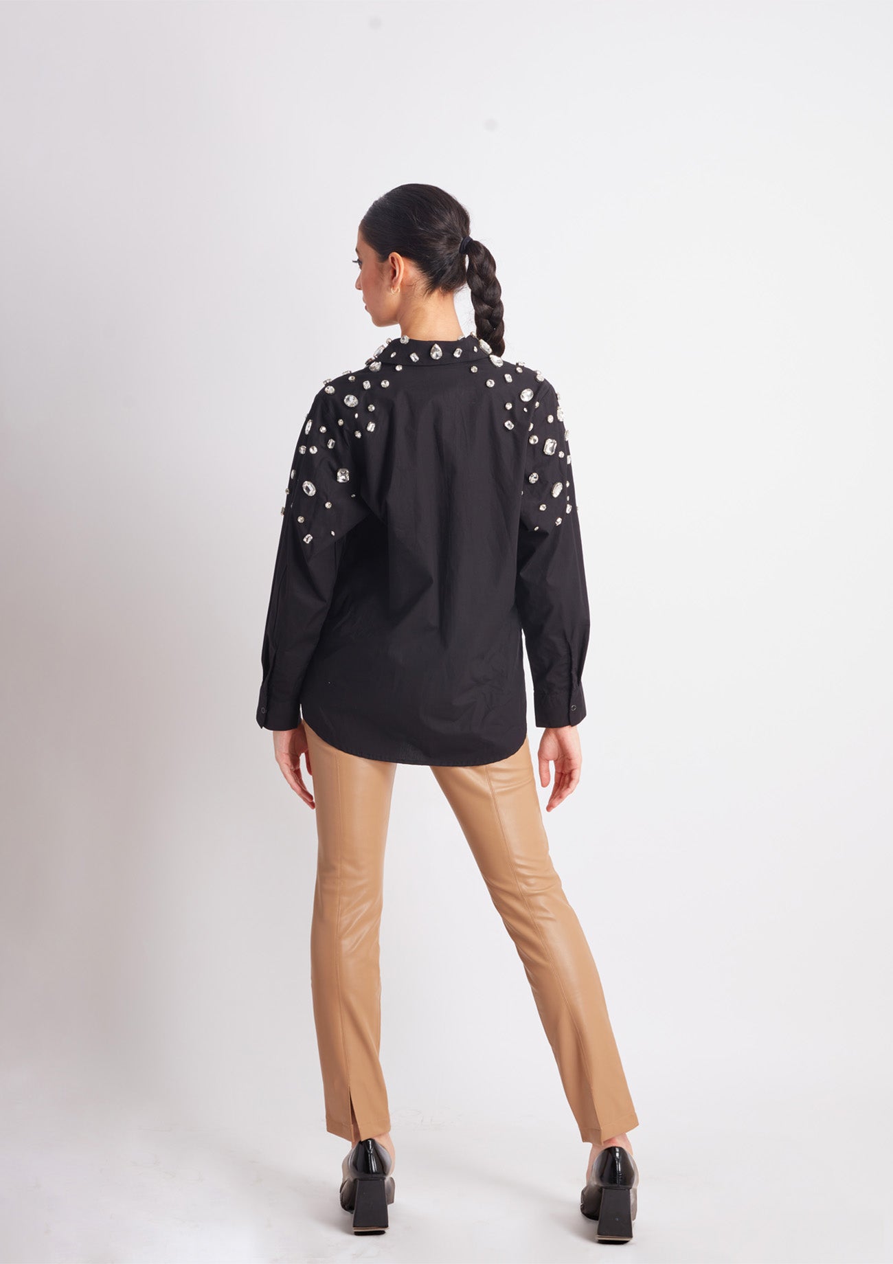 Black Shirt with White Crystal Embroidery