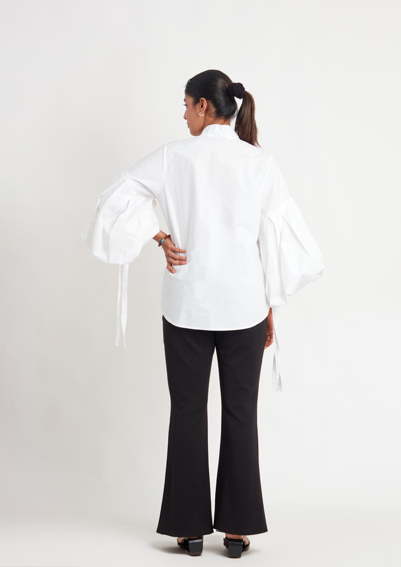 White Comfort Fit Cotton Shirt with Balloon Sleeves