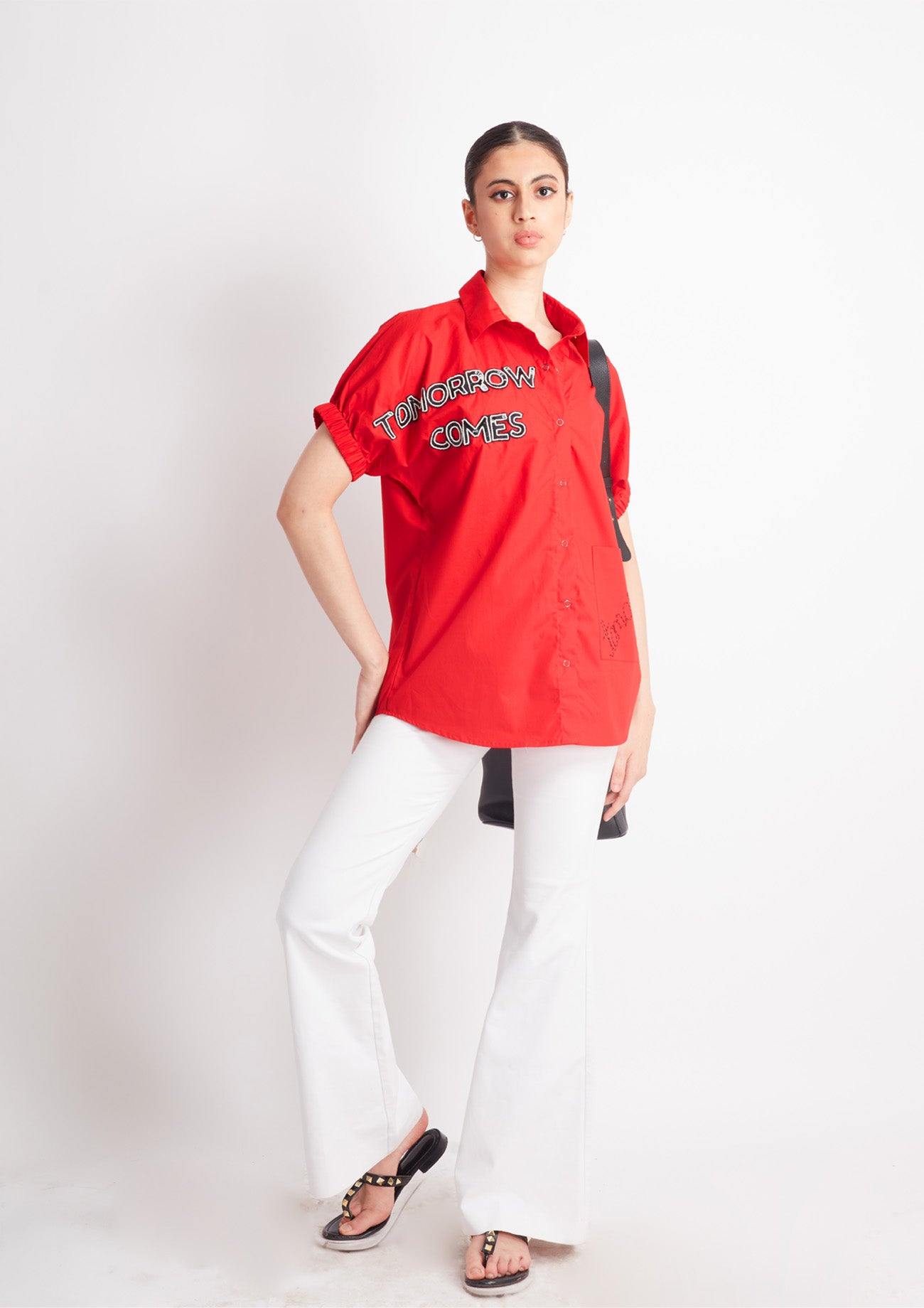 Red Comfort Fit Cotton Shirt with Embroidery