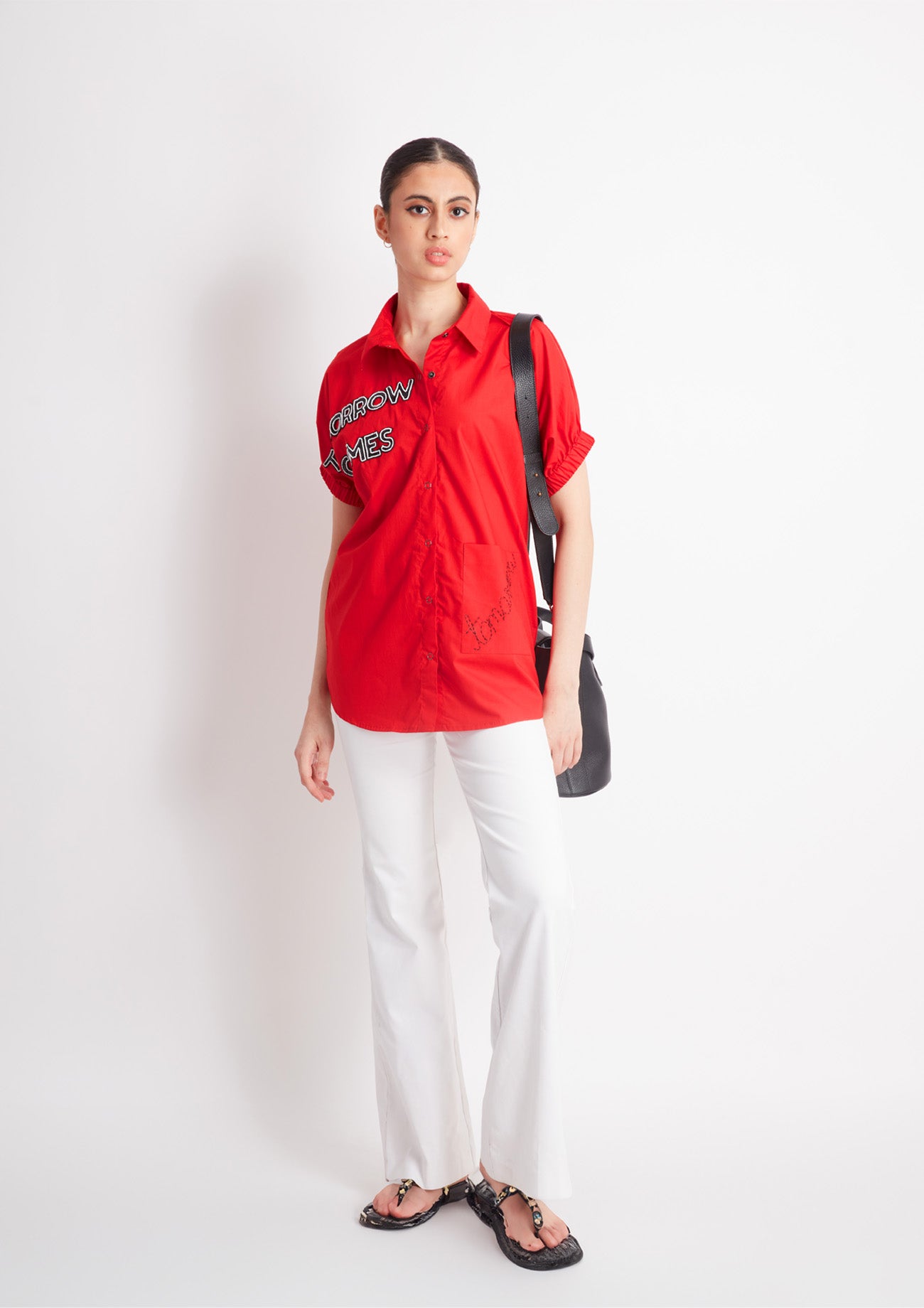 Red Comfort Fit Cotton Shirt with Embroidery