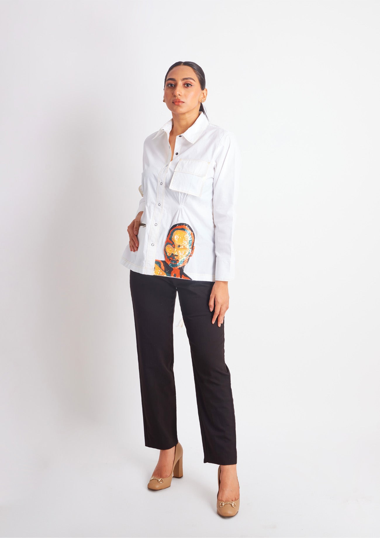 White Comfort Fit Cotton Shirt with Embroidery and Pockets