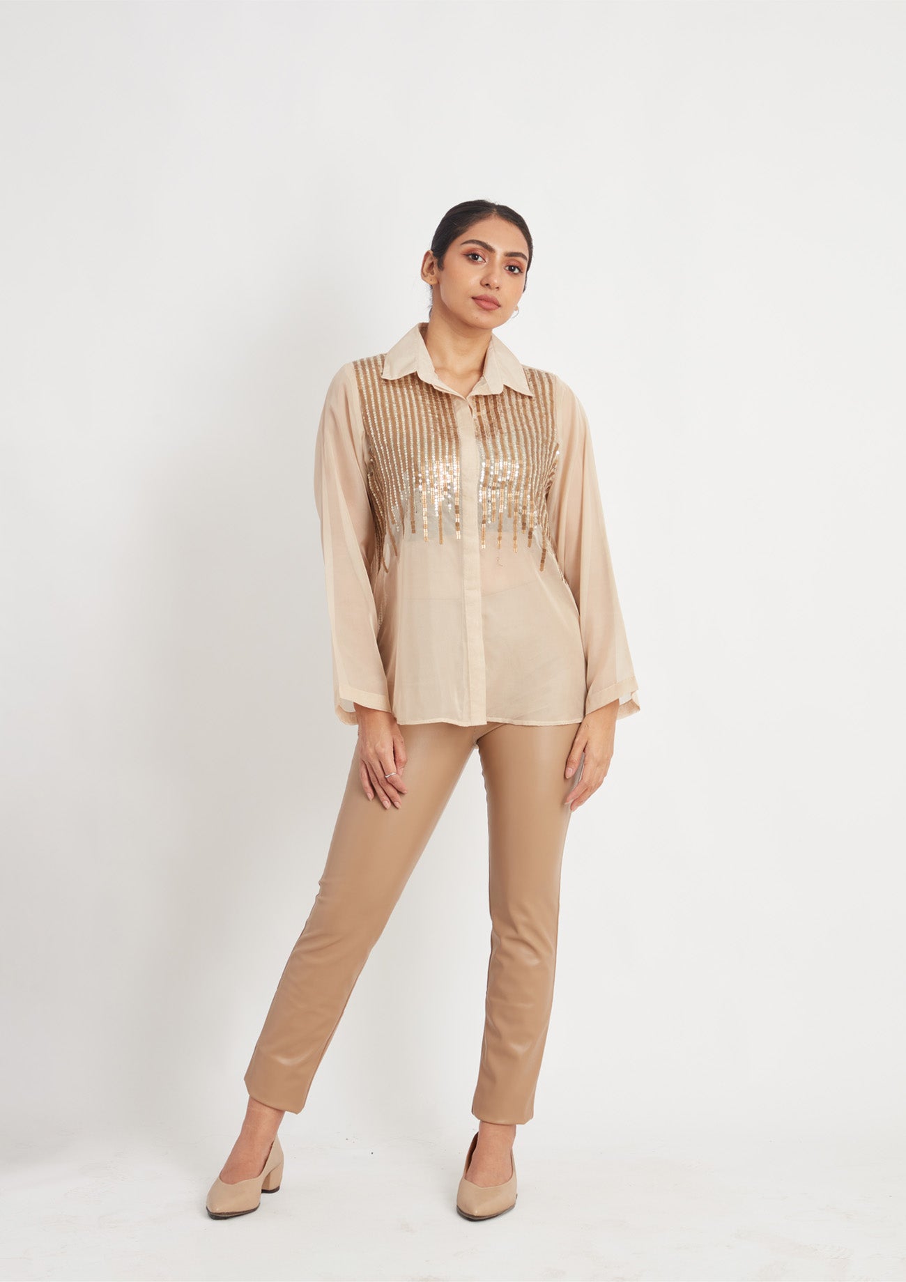 Beige Organza Shirt with Sequin Stripes