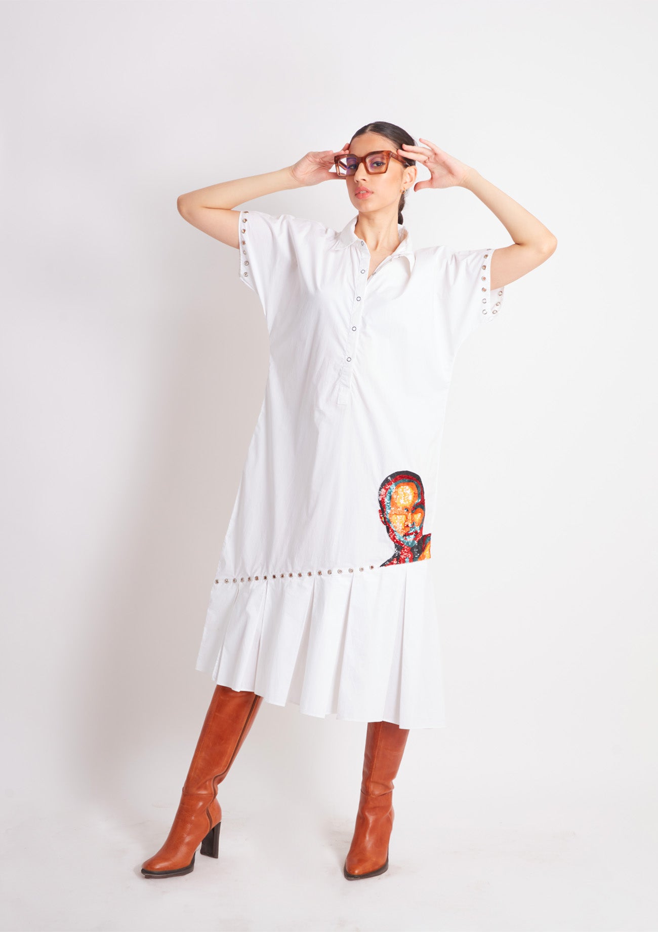 White One Piece Cotton Dress with Embroidery