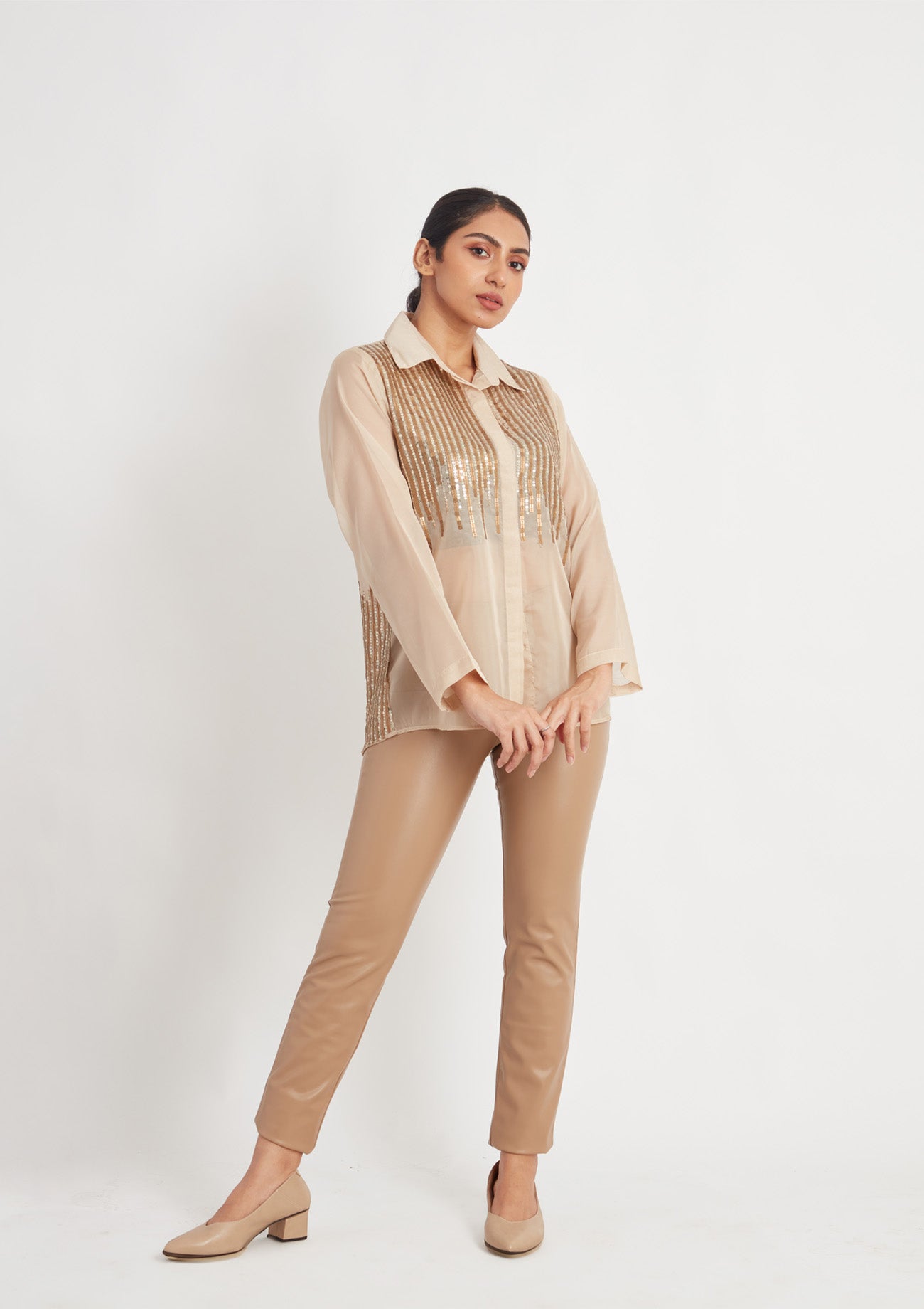 Beige Organza Shirt with Sequin Stripes