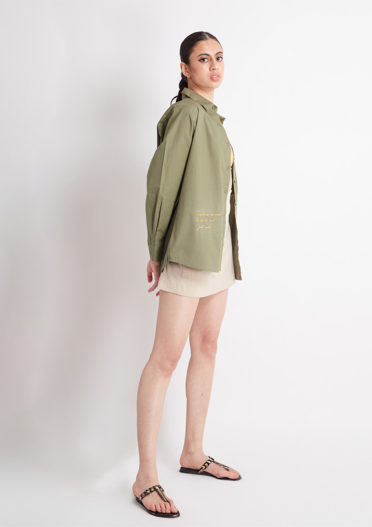 Olive Comfort Fit Cotton Shirt with Embroidery