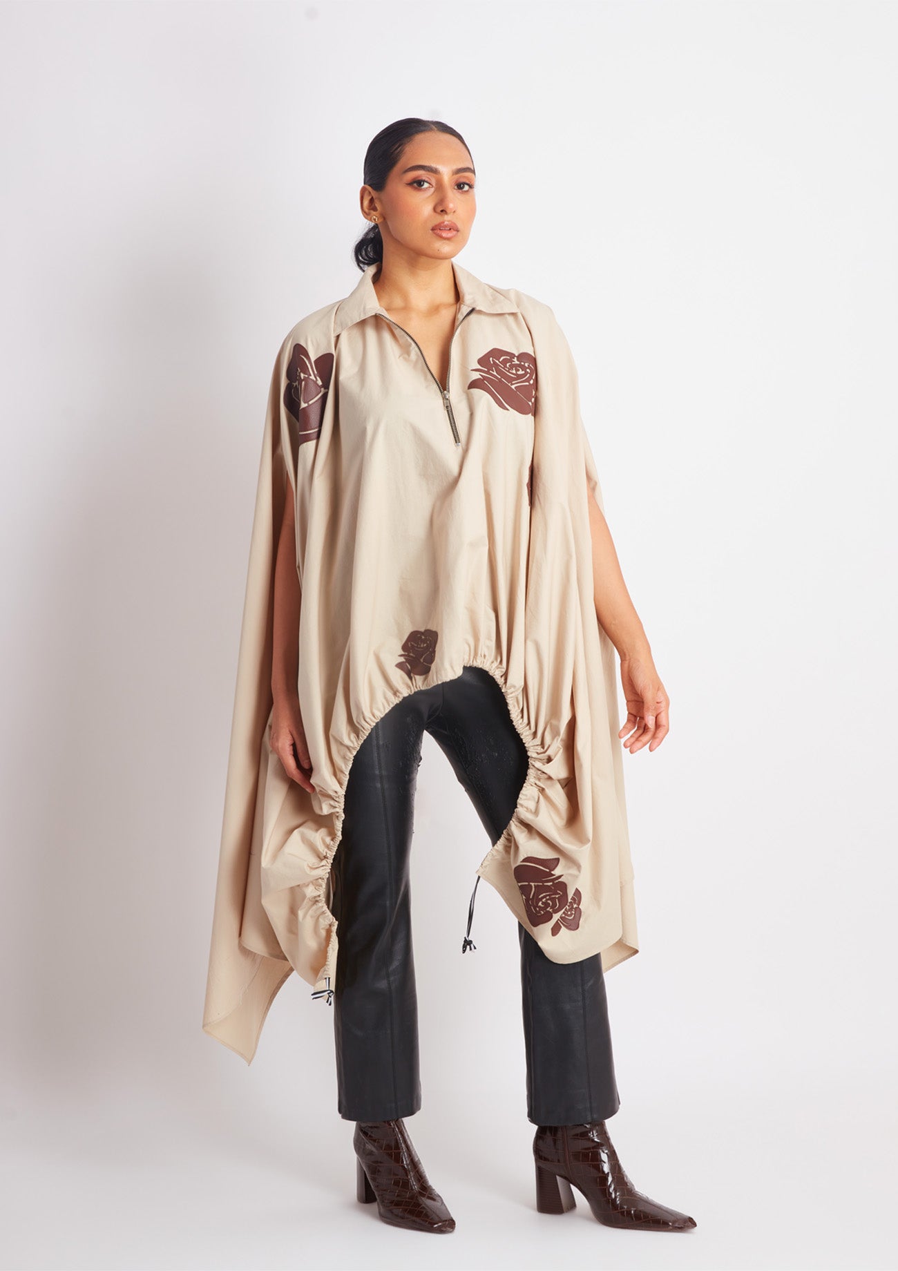 Beige Drawstring Cape with Applique Motifs