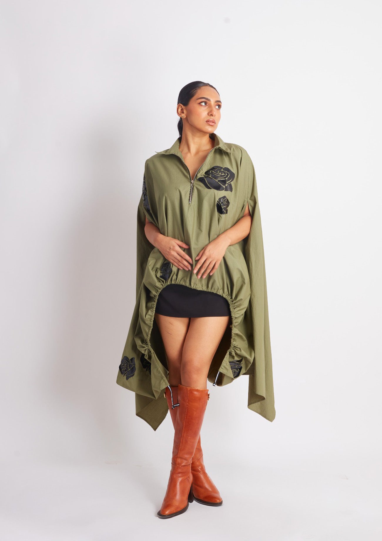 Olive Drawstring Cape with Applique Motifs