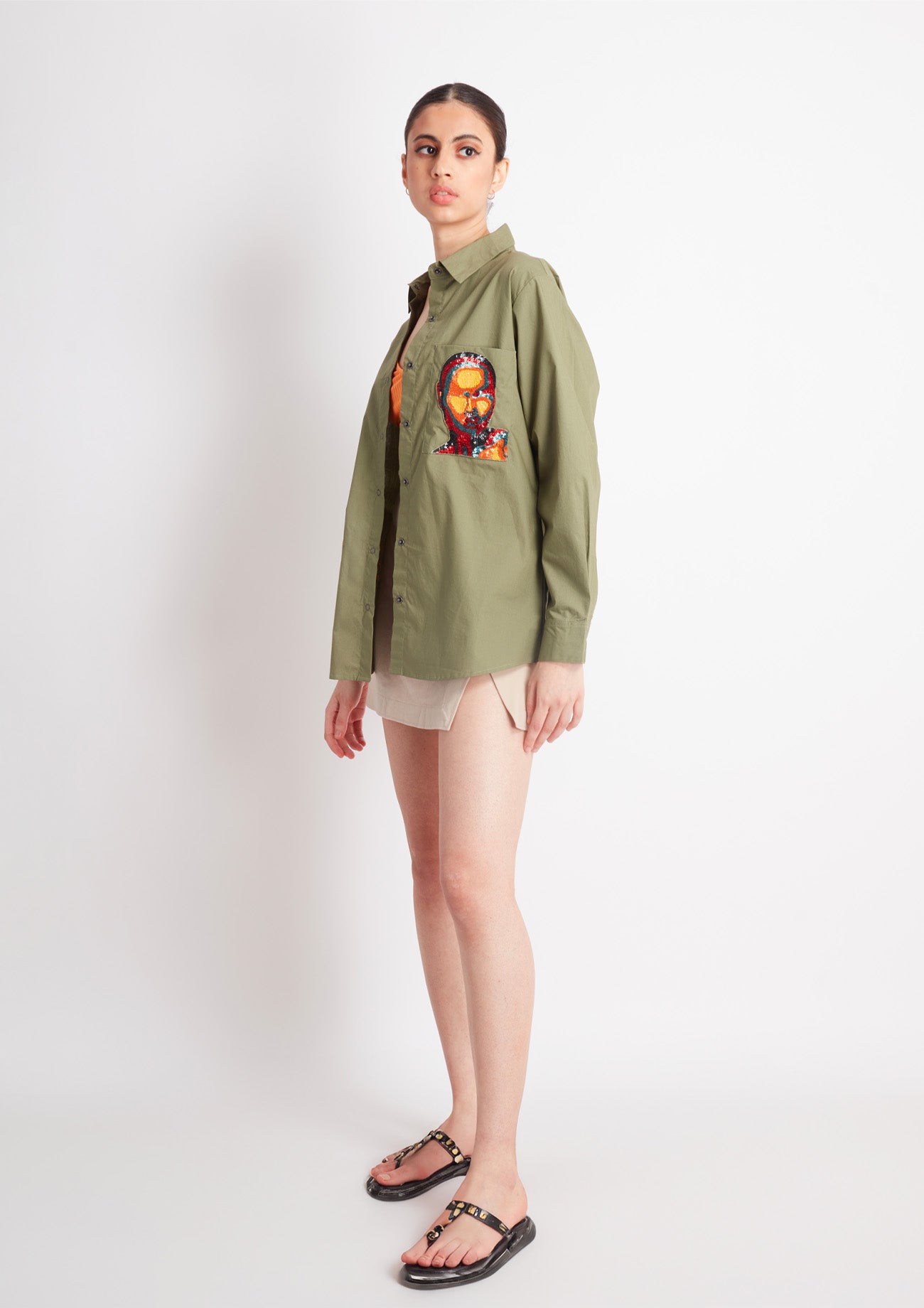 Olive Comfort Fit Cotton Shirt with Embroidery