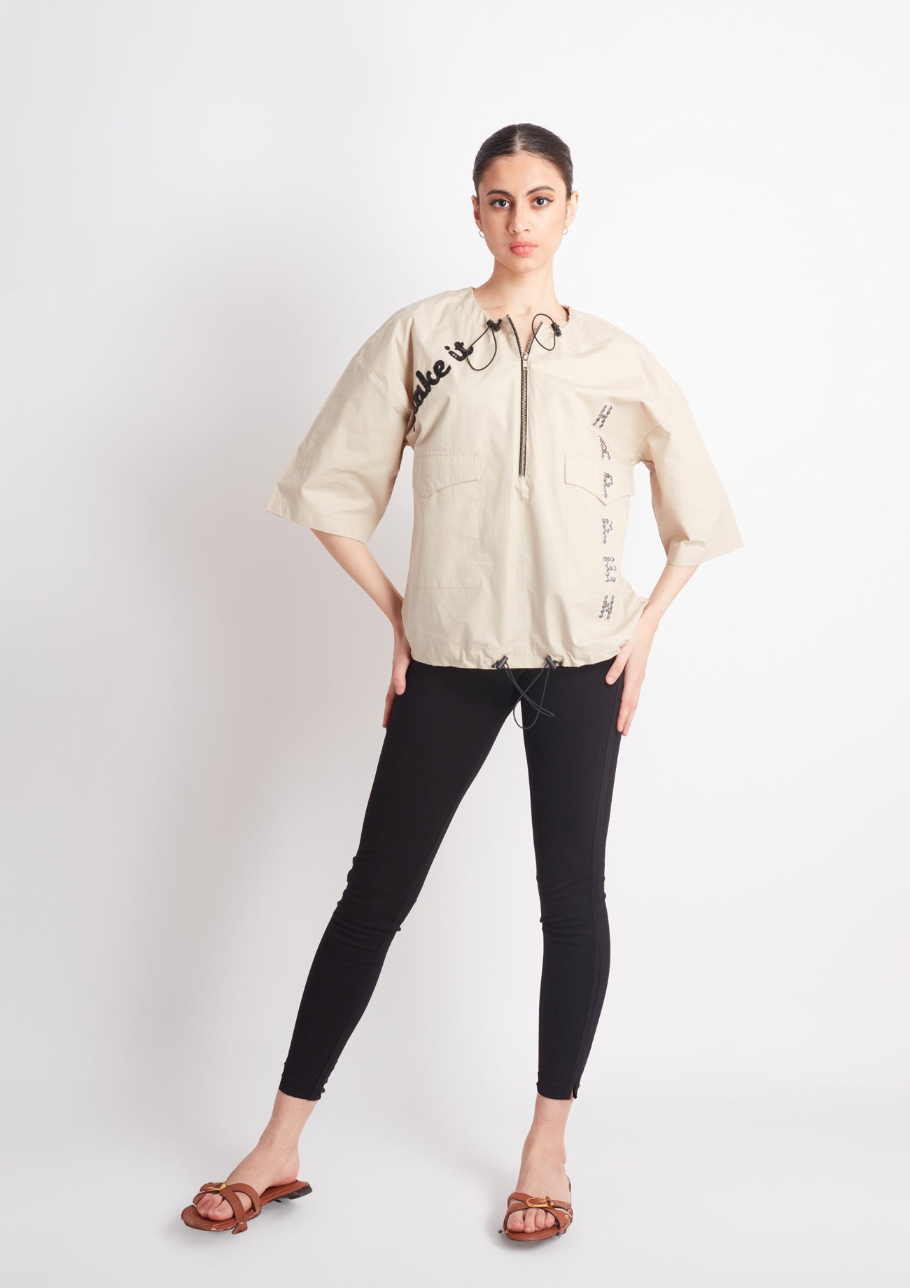 Beige Comfort Fit Cotton Shirt with Embroidery