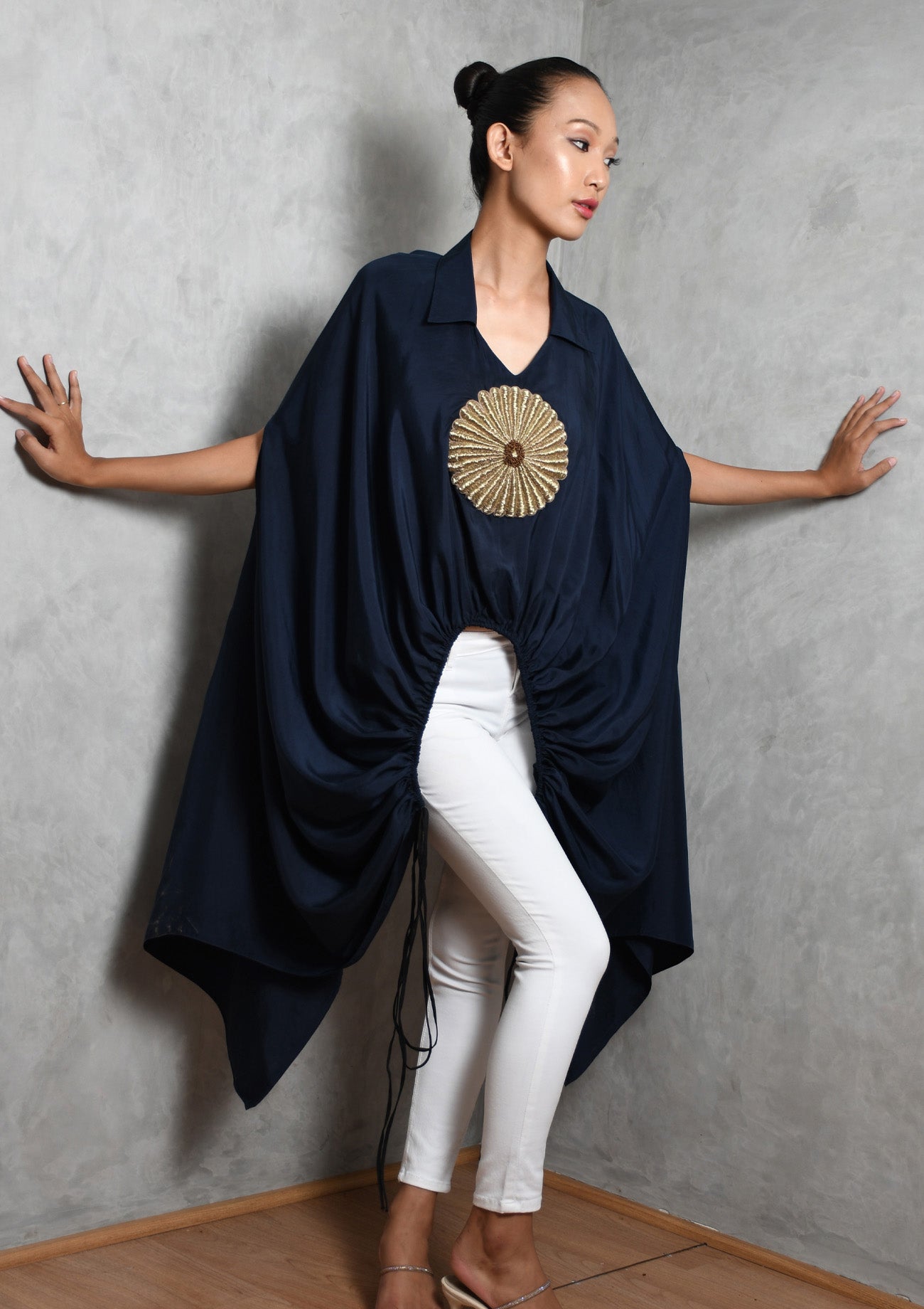 Navy Silk Cape with Flower Embroidery