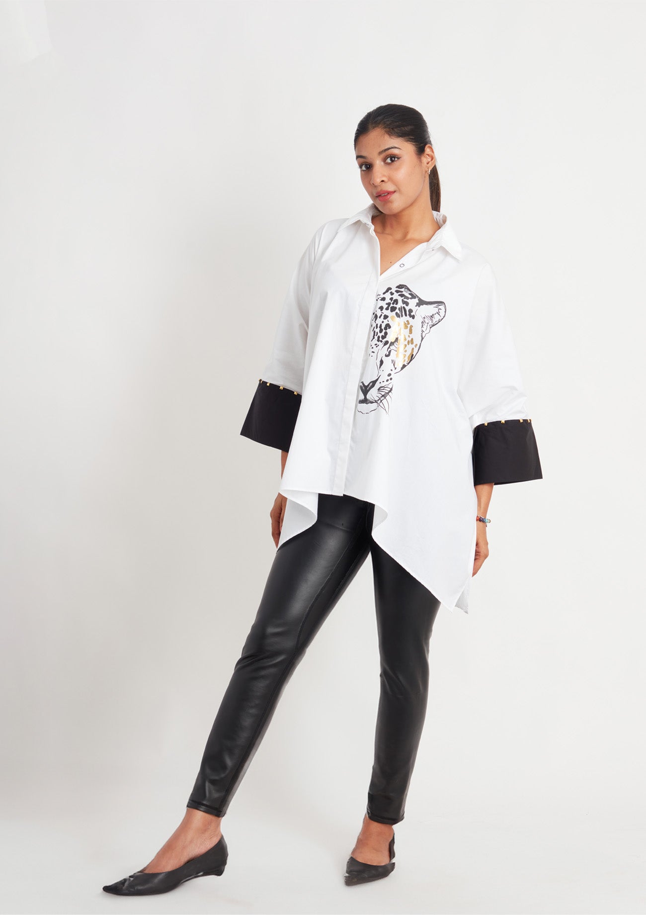 White Loose Fit Cotton Poncho Shirt with Foil Print