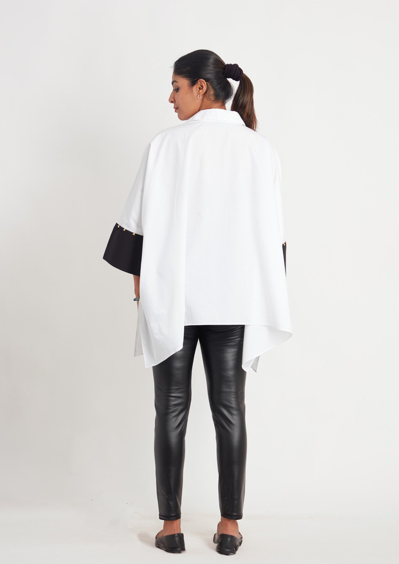 White Loose Fit Cotton Poncho Shirt with Foil Print