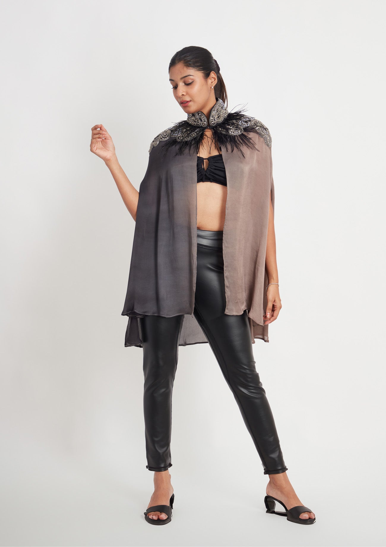 Black/Grey Satin Shaded cape with Bead and Feather Work