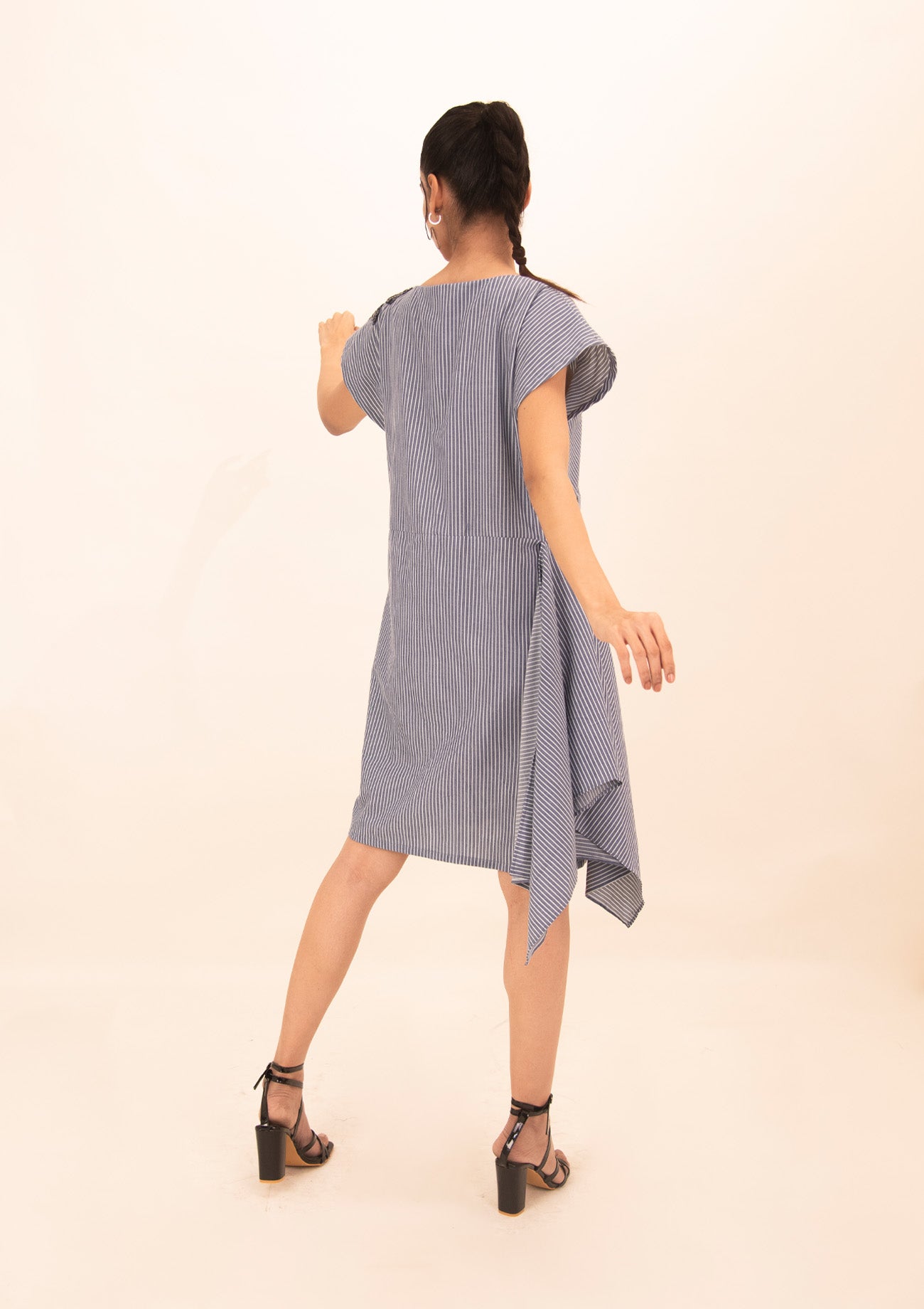 Blue and White Stripe Cotton Dress with Embroidery