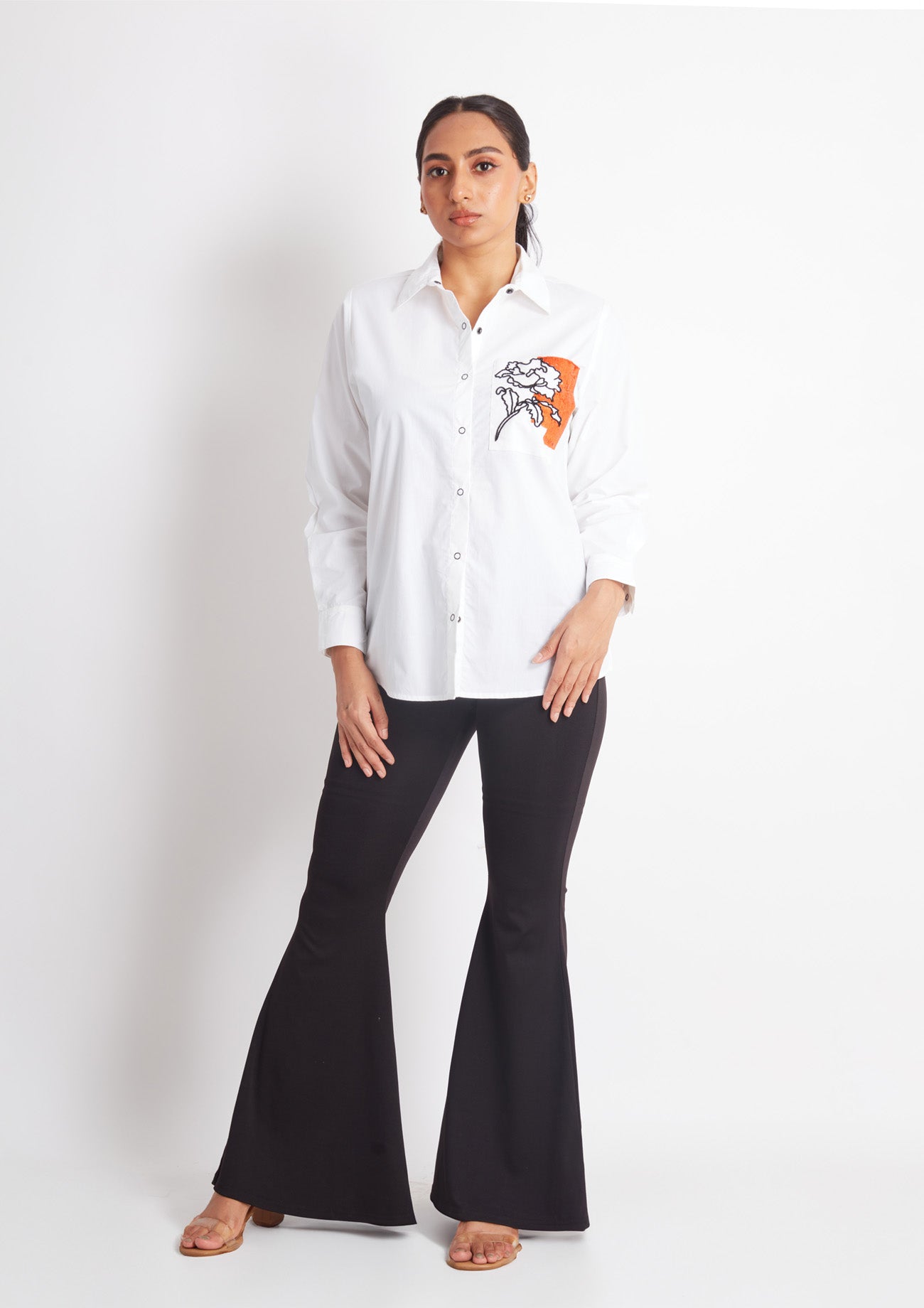 White Comfort Fit Cotton Shirt with Pocket Embroidery