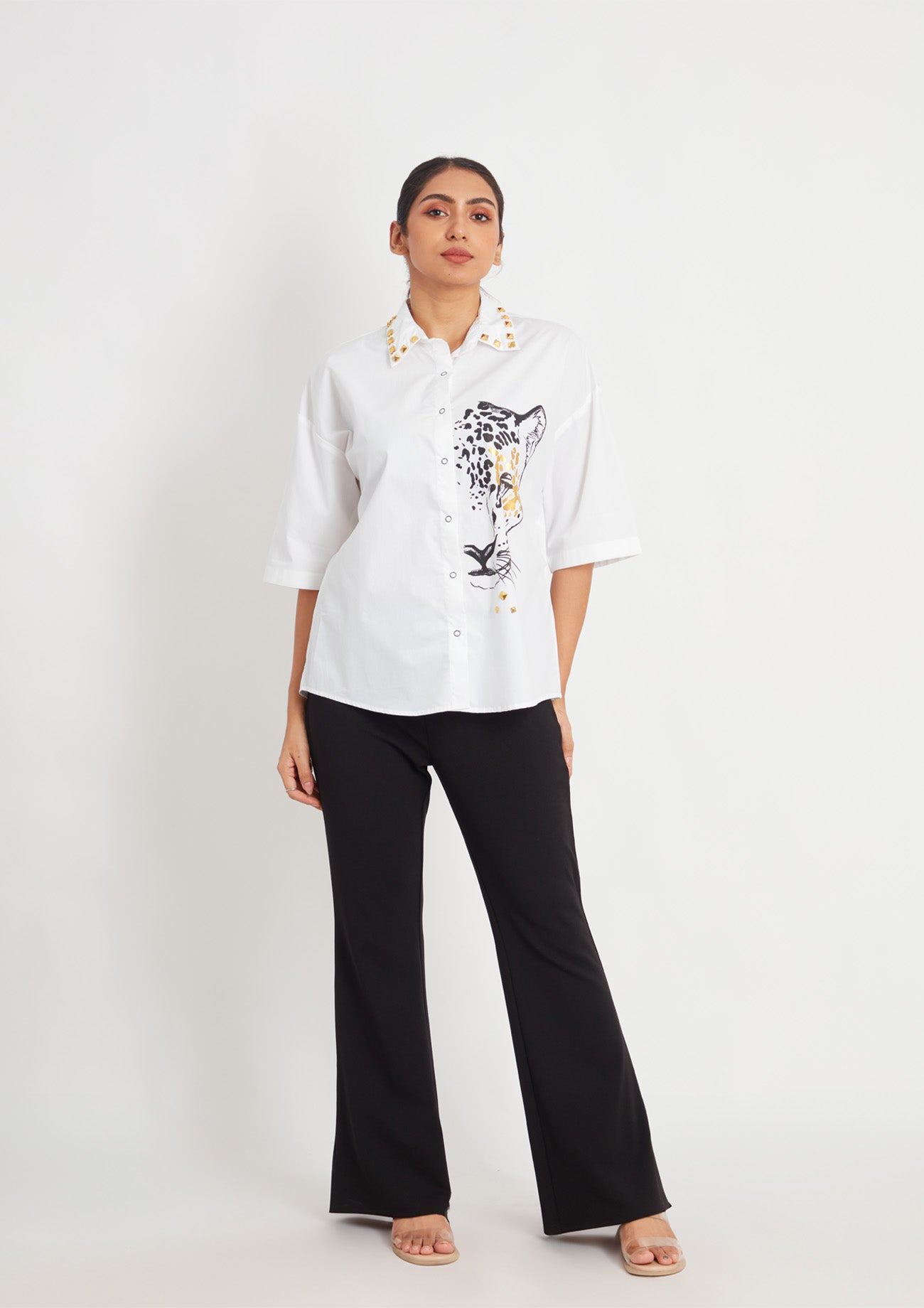 White Comfort Fit Cotton Shirt with Foil Print and Studs