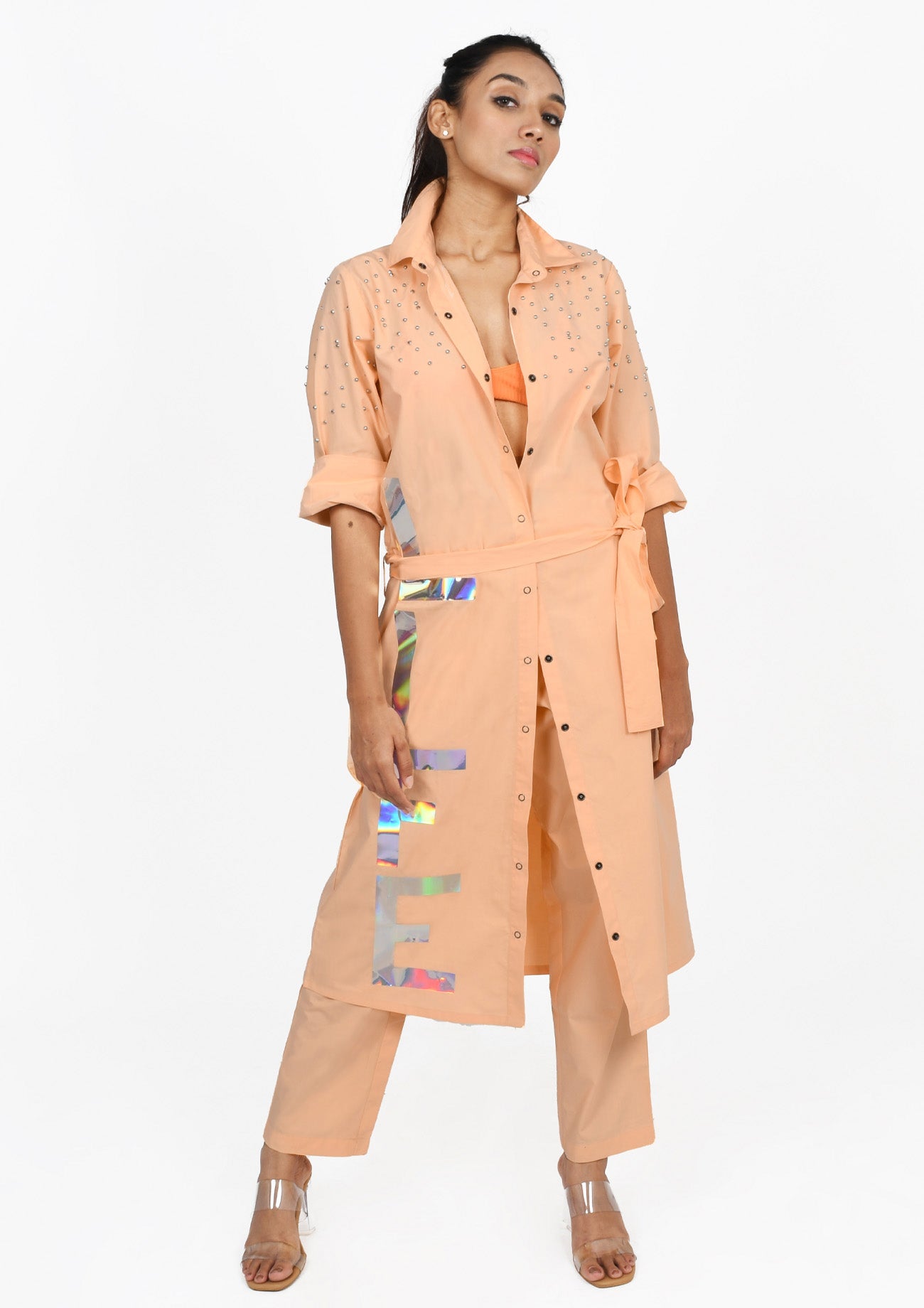 Peach Long trench Shirt with Holographic Print and Pants