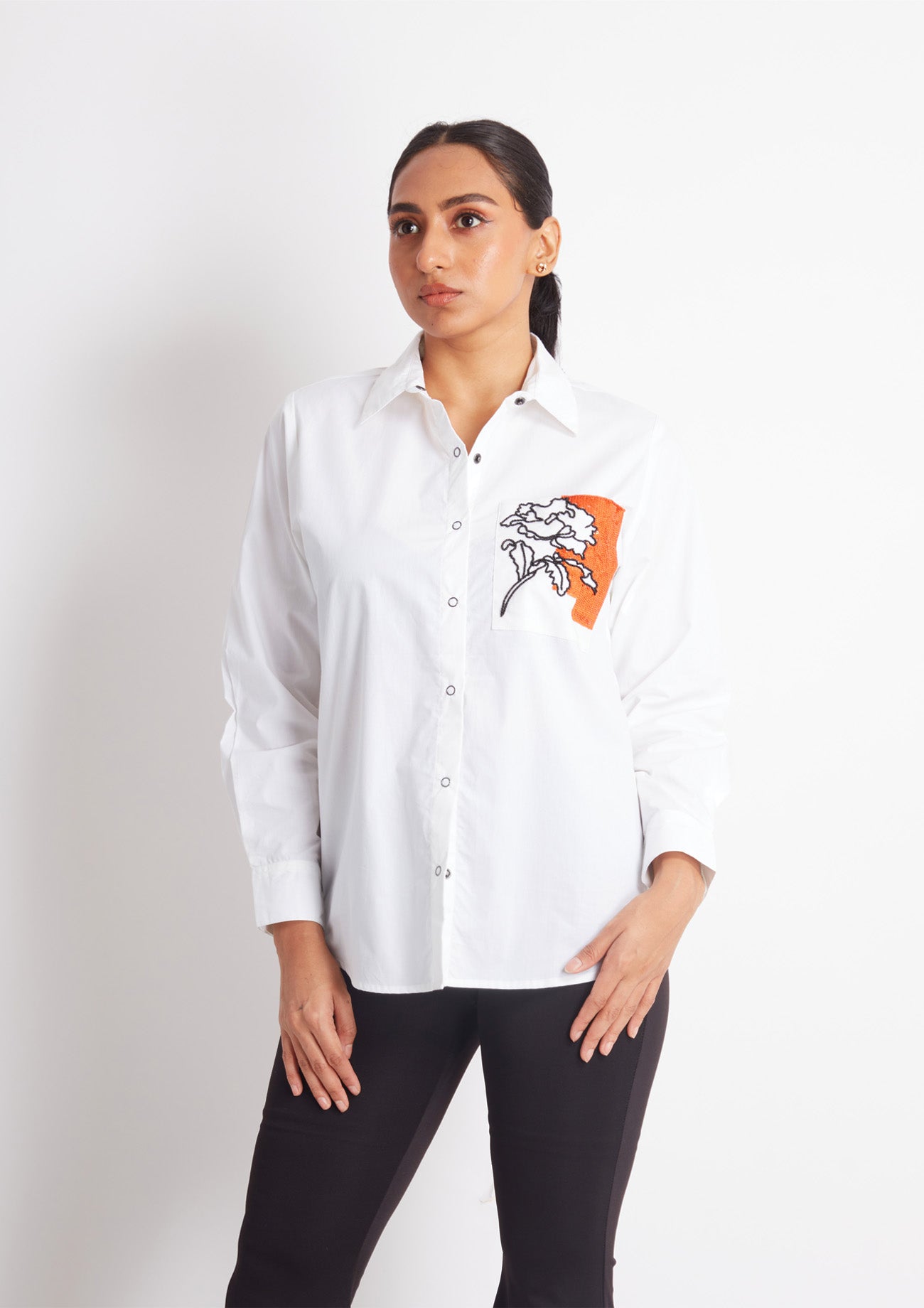 White Comfort Fit Cotton Shirt with Pocket Embroidery