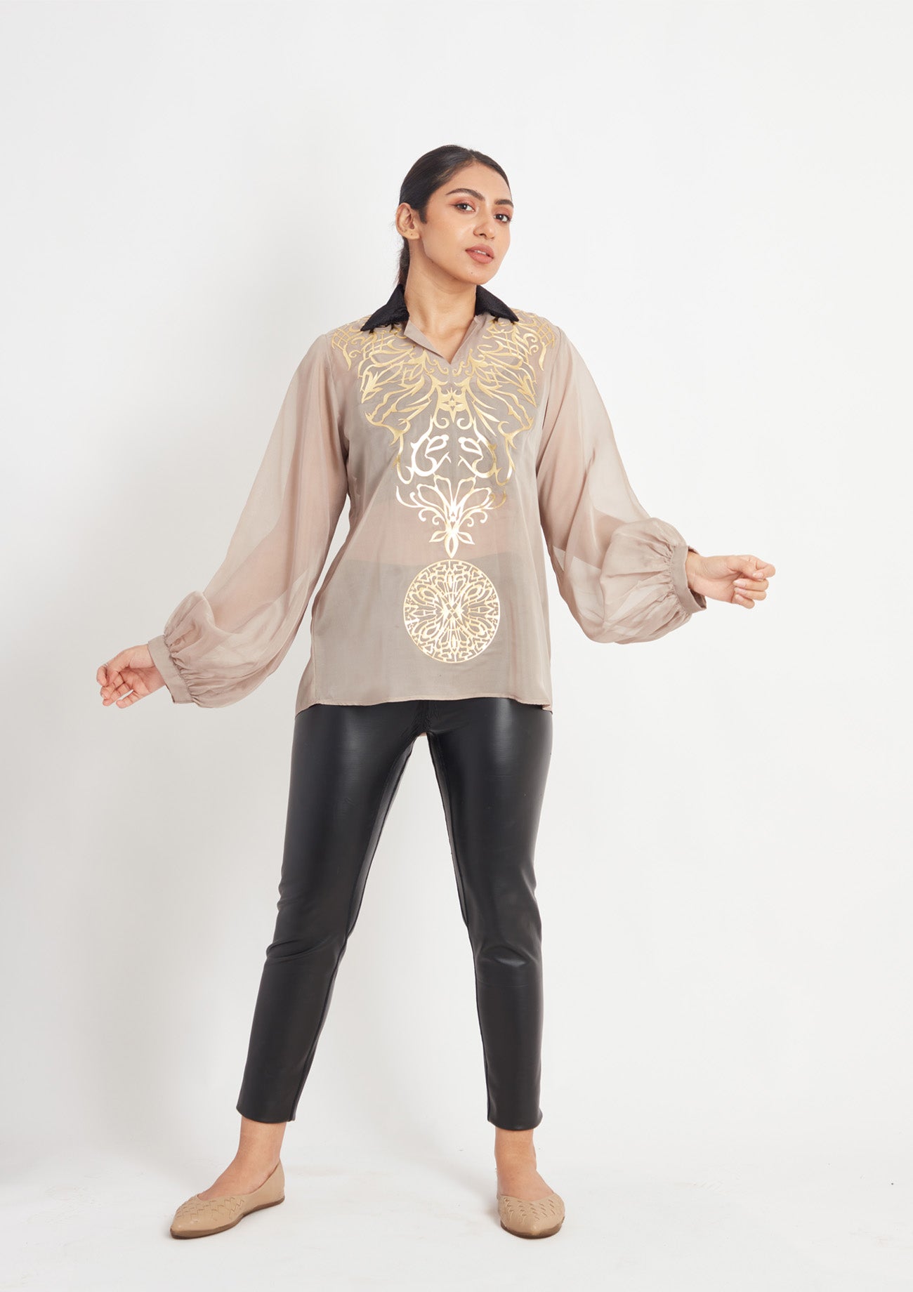 Light Green open collar shirt with Golden Applique and Velvet Collar