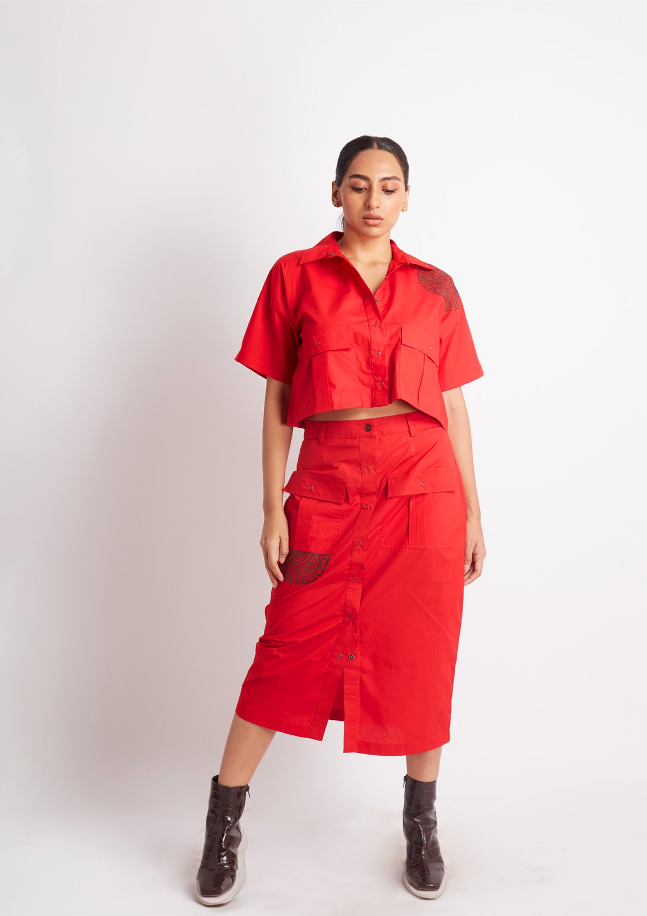 Red Cotton Co-ord Set with Applique