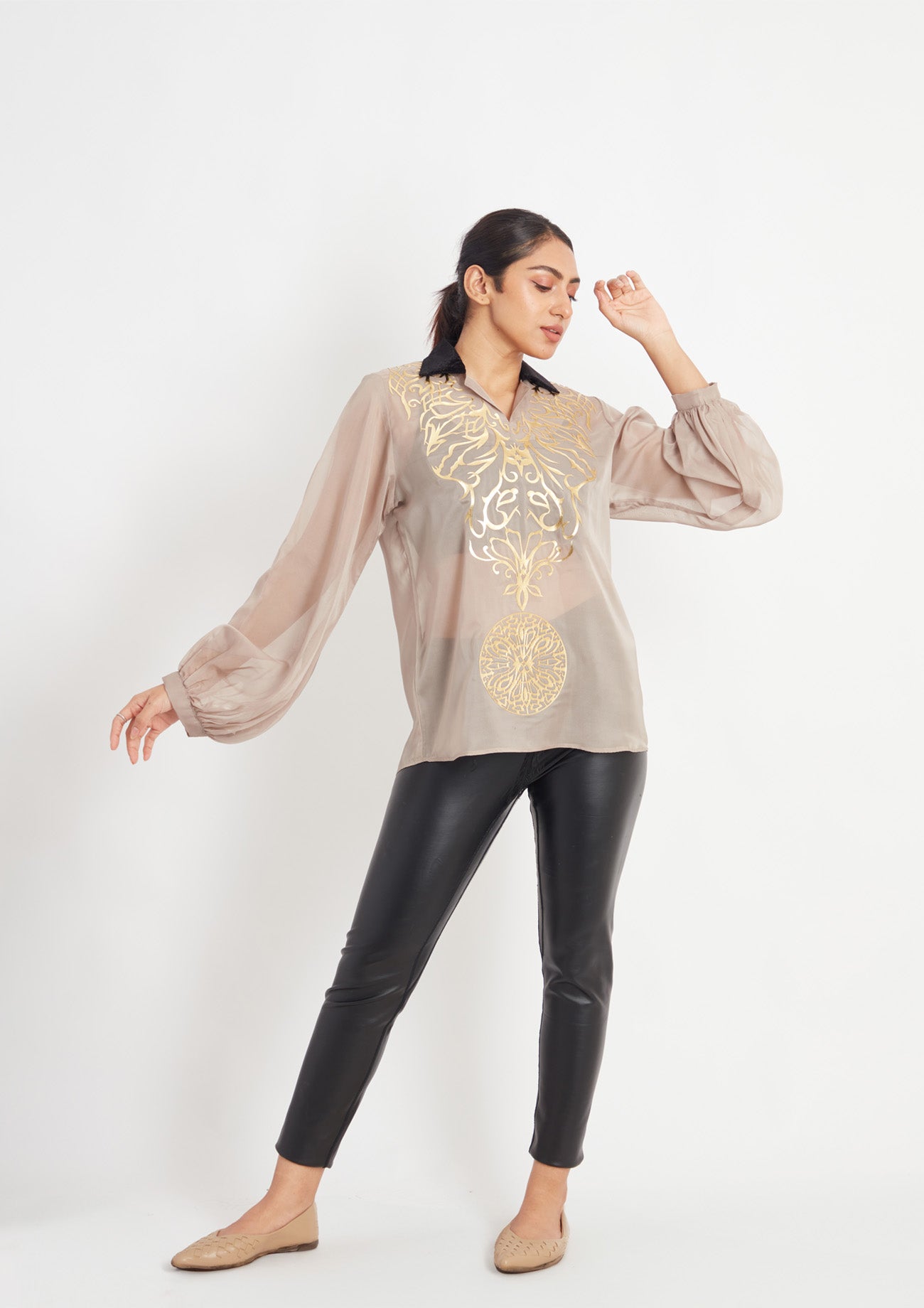 Light Green open collar shirt with Golden Applique and Velvet Collar