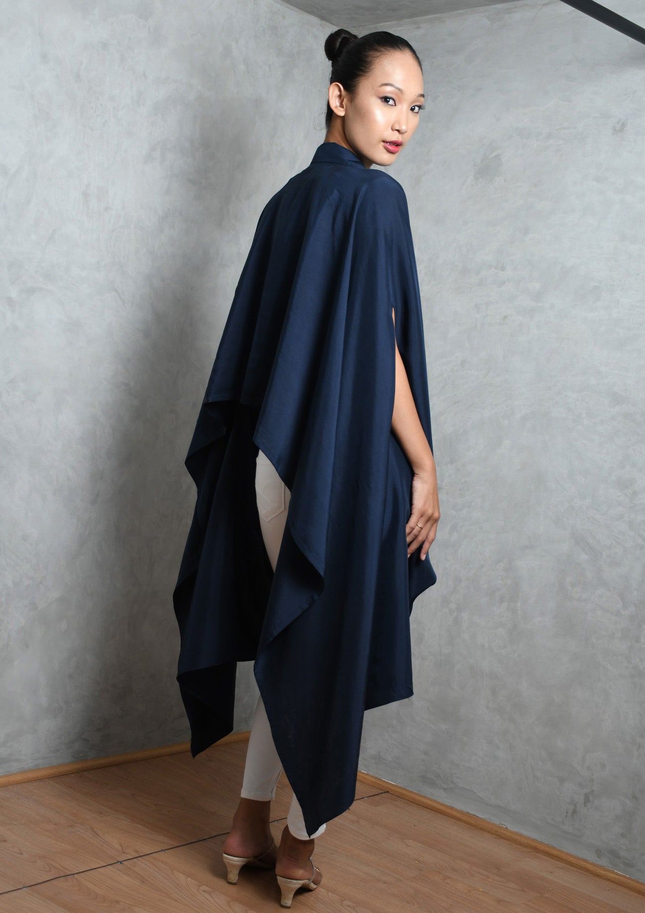 Navy Silk Cape with Flower Embroidery